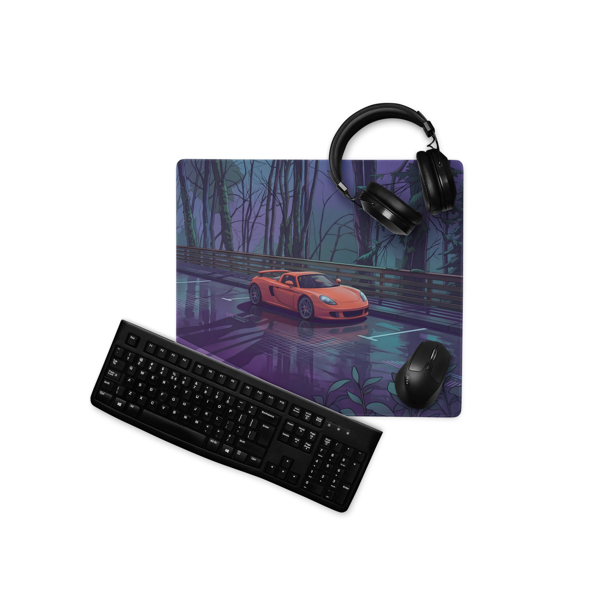 Porsche Carrera GT Inspired Orange Purple Vaporwave Gaming Mouse Pad – Moody Forest Highway Desk Mat with Reflective Neon Road and Synthwave Supercar Art