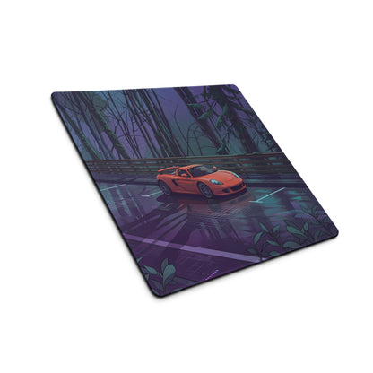 Porsche Carrera GT Inspired Orange Purple Vaporwave Gaming Mouse Pad – Moody Forest Highway Desk Mat with Reflective Neon Road and Synthwave Supercar Art