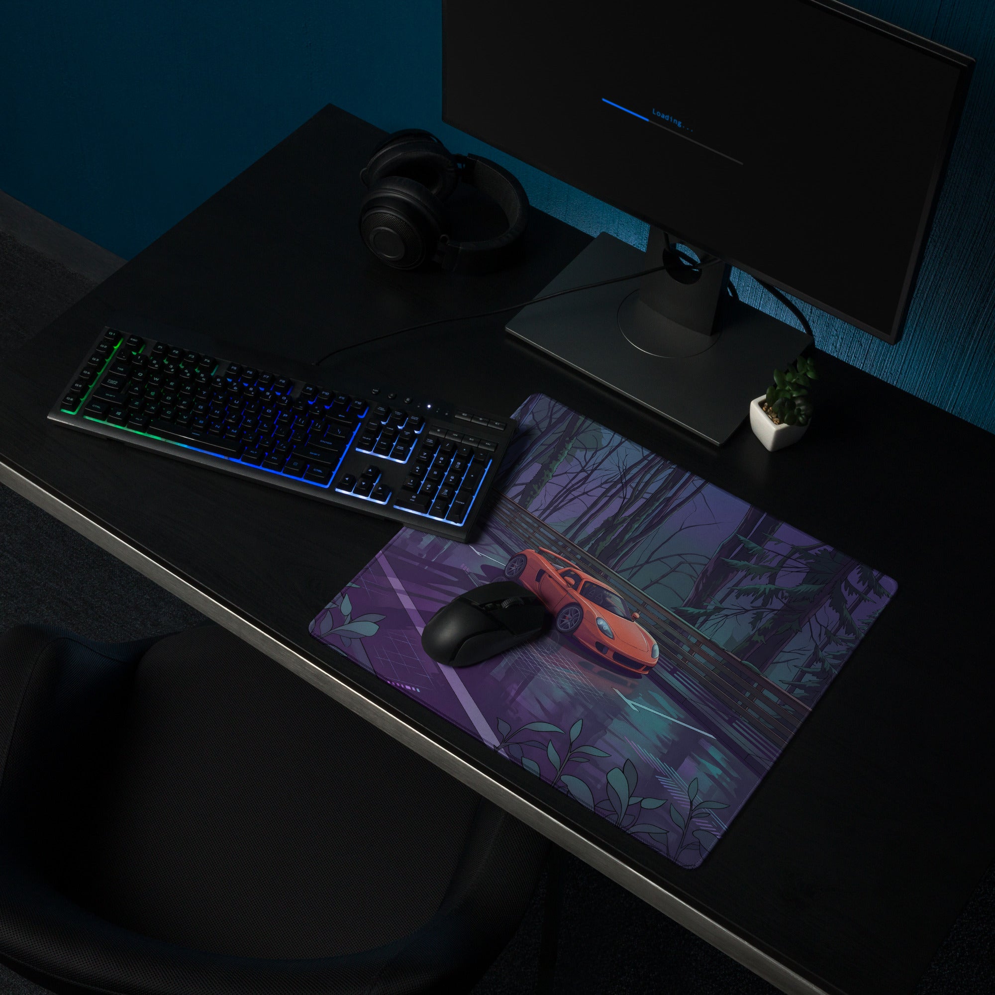 Porsche Carrera GT Inspired Orange Purple Vaporwave Gaming Mouse Pad – Moody Forest Highway Desk Mat with Reflective Neon Road and Synthwave Supercar Art
