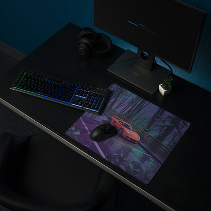 Porsche Carrera GT Inspired Orange Purple Vaporwave Gaming Mouse Pad – Moody Forest Highway Desk Mat with Reflective Neon Road and Synthwave Supercar Art