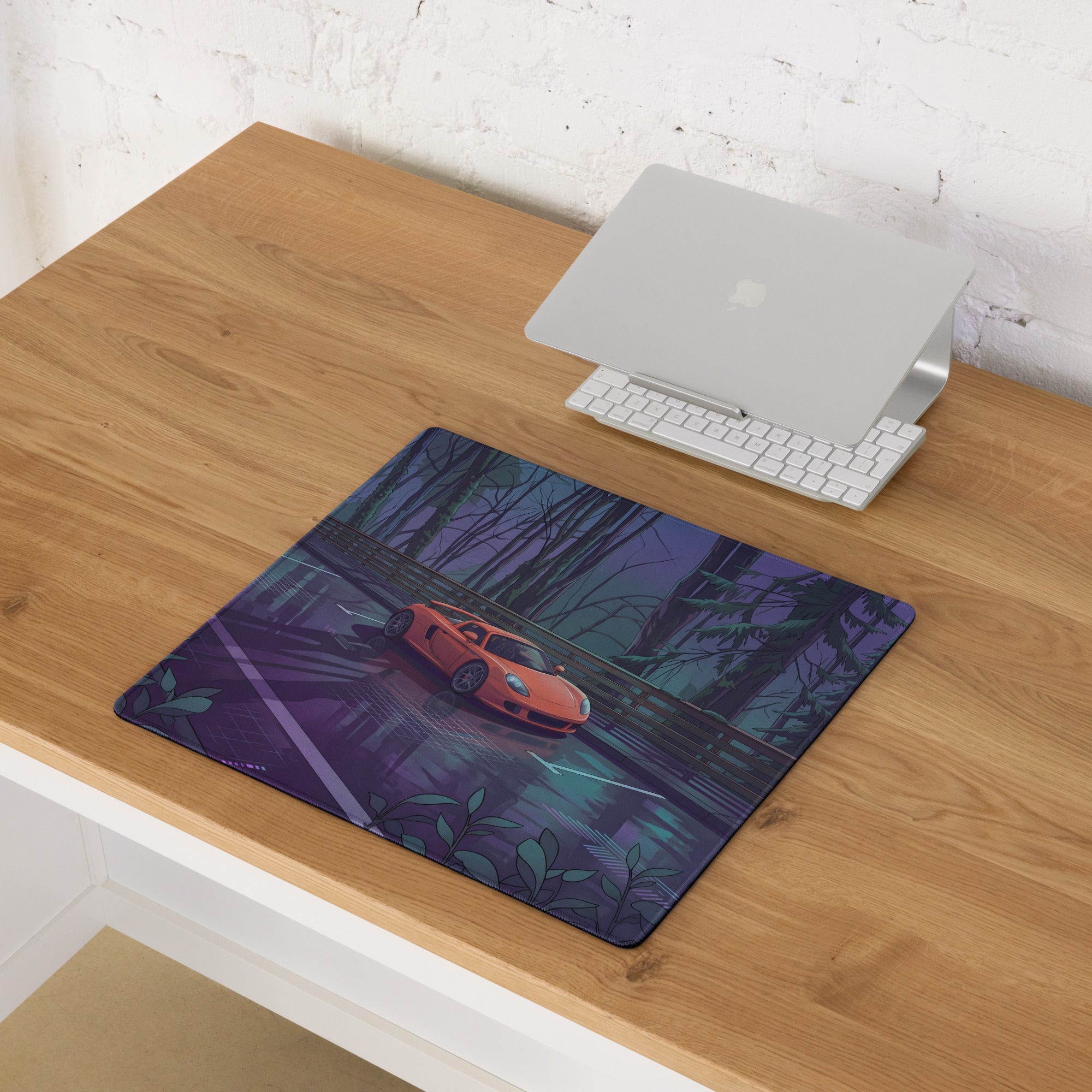 Porsche Carrera GT Inspired Orange Purple Vaporwave Gaming Mouse Pad – Moody Forest Highway Desk Mat with Reflective Neon Road and Synthwave Supercar Art