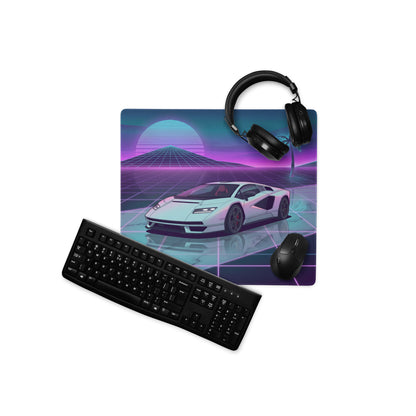Lamborghini Countach Inspired White Purple Vaporwave Gaming Mouse Pad – Neon Sunset Grid Desk Mat with Retro Futuristic Palm Tree and Synthwave Supercar Art