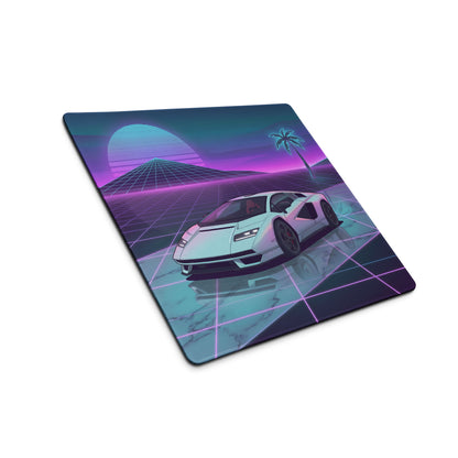 Lamborghini Countach Inspired White Purple Vaporwave Gaming Mouse Pad – Neon Sunset Grid Desk Mat with Retro Futuristic Palm Tree and Synthwave Supercar Art