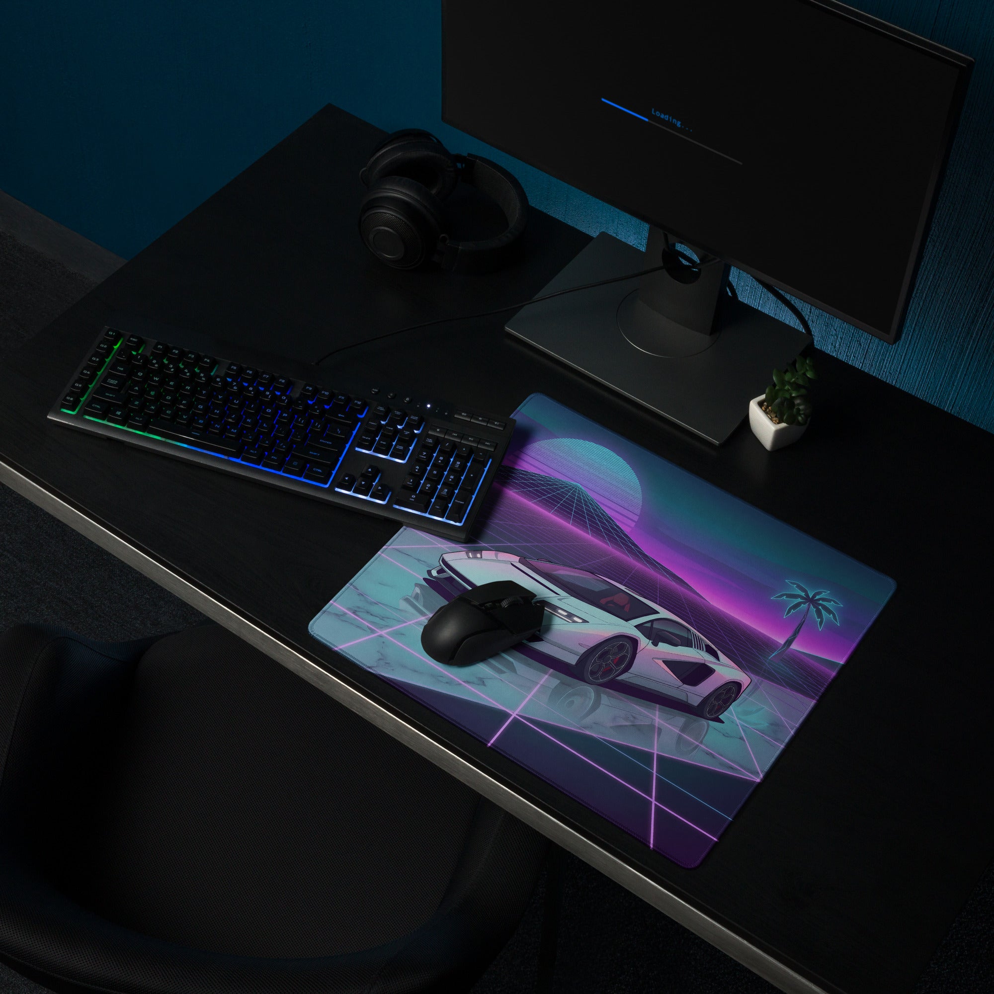 Lamborghini Countach Inspired White Purple Vaporwave Gaming Mouse Pad – Neon Sunset Grid Desk Mat with Retro Futuristic Palm Tree and Synthwave Supercar Art