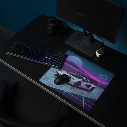 Lamborghini Countach Inspired White Purple Vaporwave Gaming Mouse Pad – Neon Sunset Grid Desk Mat with Retro Futuristic Palm Tree and Synthwave Supercar Art