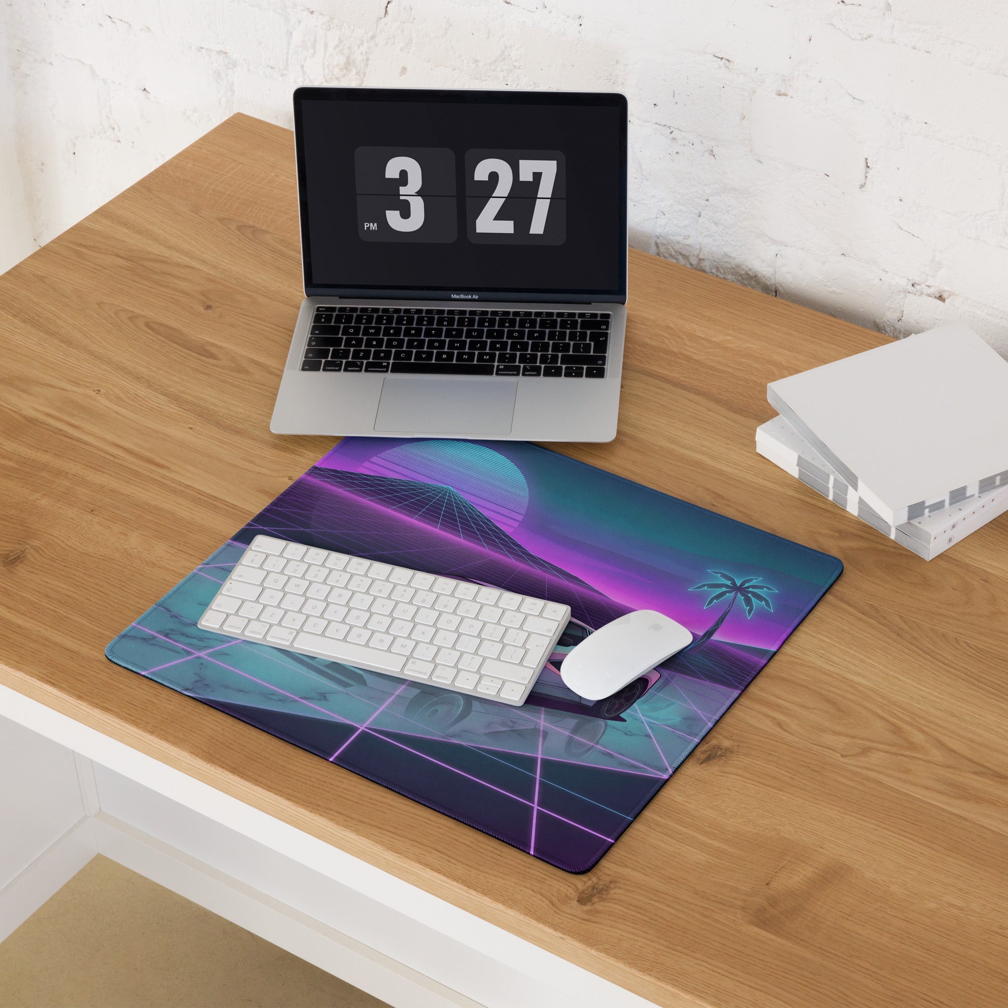 Lamborghini Countach Inspired White Purple Vaporwave Gaming Mouse Pad – Neon Sunset Grid Desk Mat with Retro Futuristic Palm Tree and Synthwave Supercar Art
