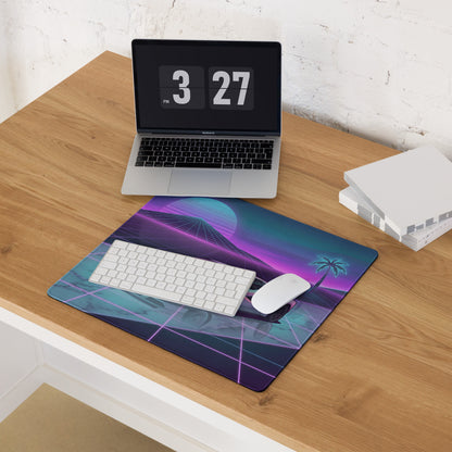 Lamborghini Countach Inspired White Purple Vaporwave Gaming Mouse Pad – Neon Sunset Grid Desk Mat with Retro Futuristic Palm Tree and Synthwave Supercar Art