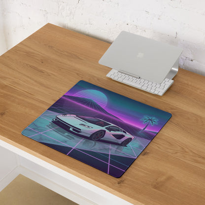 Lamborghini Countach Inspired White Purple Vaporwave Gaming Mouse Pad – Neon Sunset Grid Desk Mat with Retro Futuristic Palm Tree and Synthwave Supercar Art