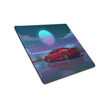 Ferrari F430 Inspired Red Teal Vaporwave Gaming Mouse Pad – Neon Sunset Desk Mat with Reflective Retro Futuristic Landscape and Synthwave Supercar Art