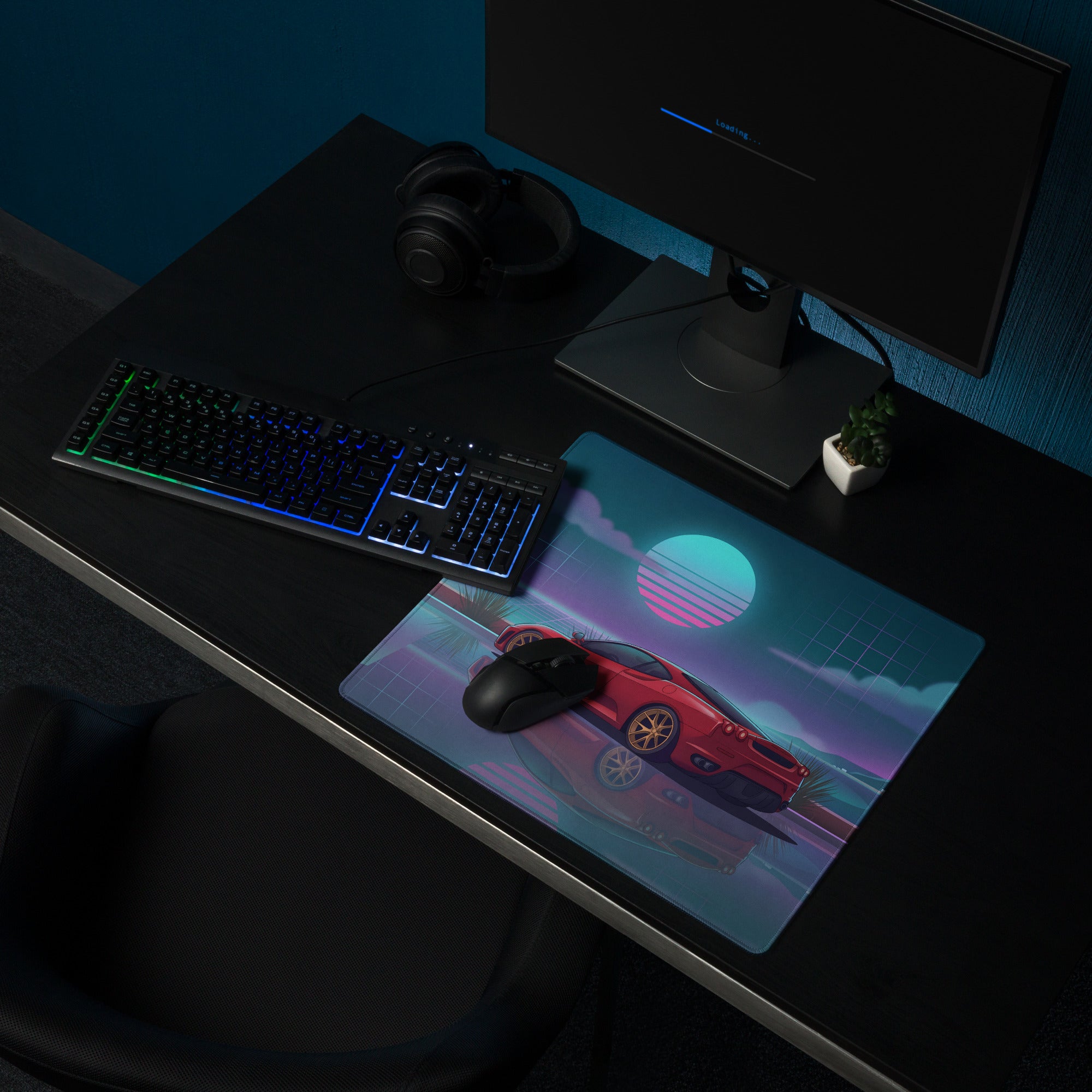 Ferrari F430 Inspired Red Teal Vaporwave Gaming Mouse Pad – Neon Sunset Desk Mat with Reflective Retro Futuristic Landscape and Synthwave Supercar Art