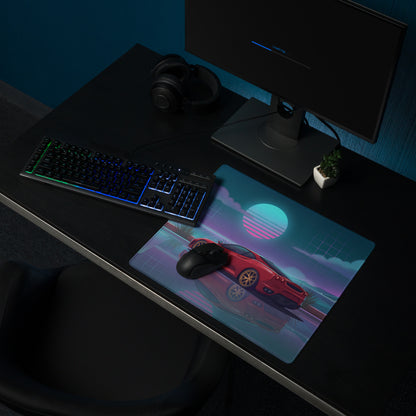 Ferrari F430 Inspired Red Teal Vaporwave Gaming Mouse Pad – Neon Sunset Desk Mat with Reflective Retro Futuristic Landscape and Synthwave Supercar Art