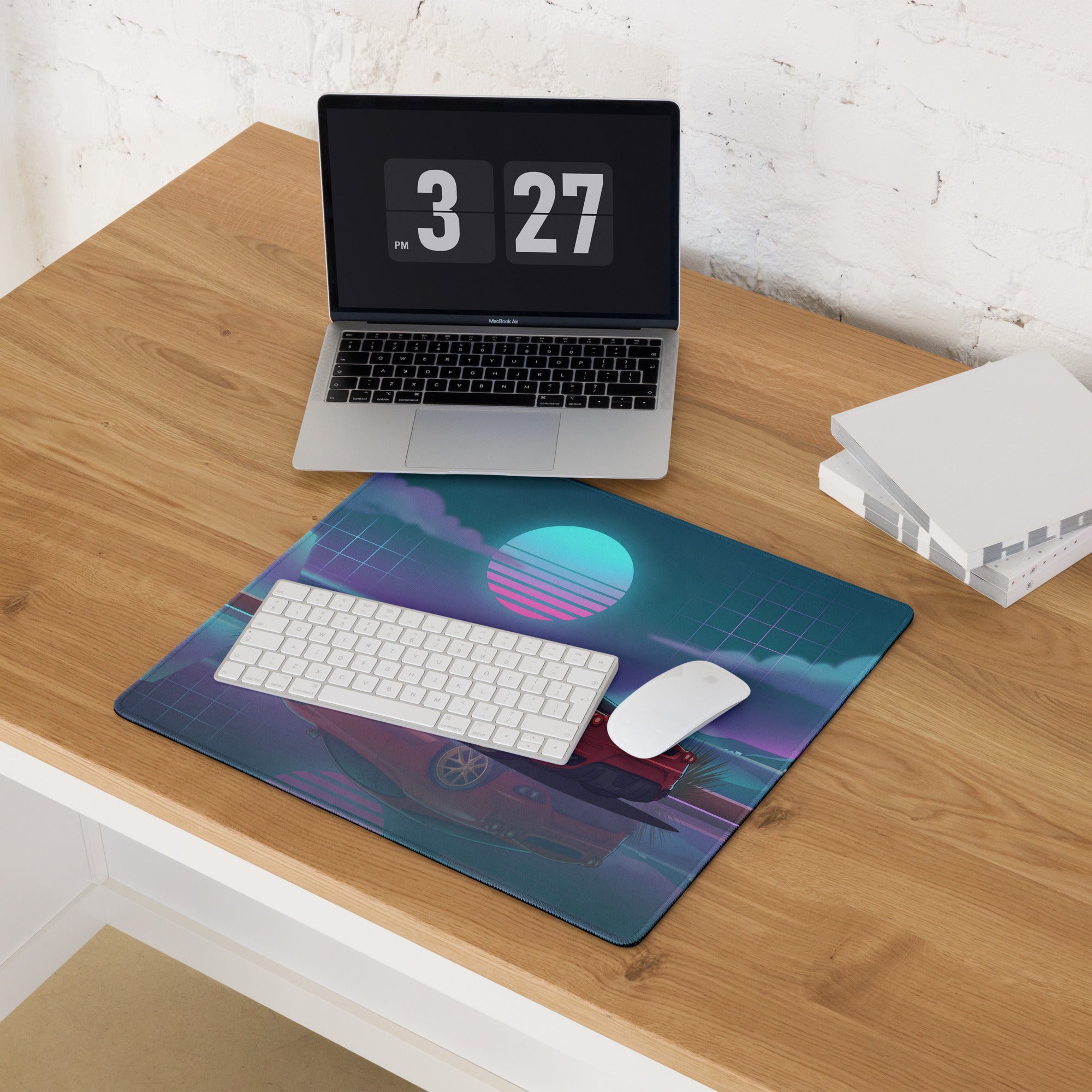 Ferrari F430 Inspired Red Teal Vaporwave Gaming Mouse Pad – Neon Sunset Desk Mat with Reflective Retro Futuristic Landscape and Synthwave Supercar Art