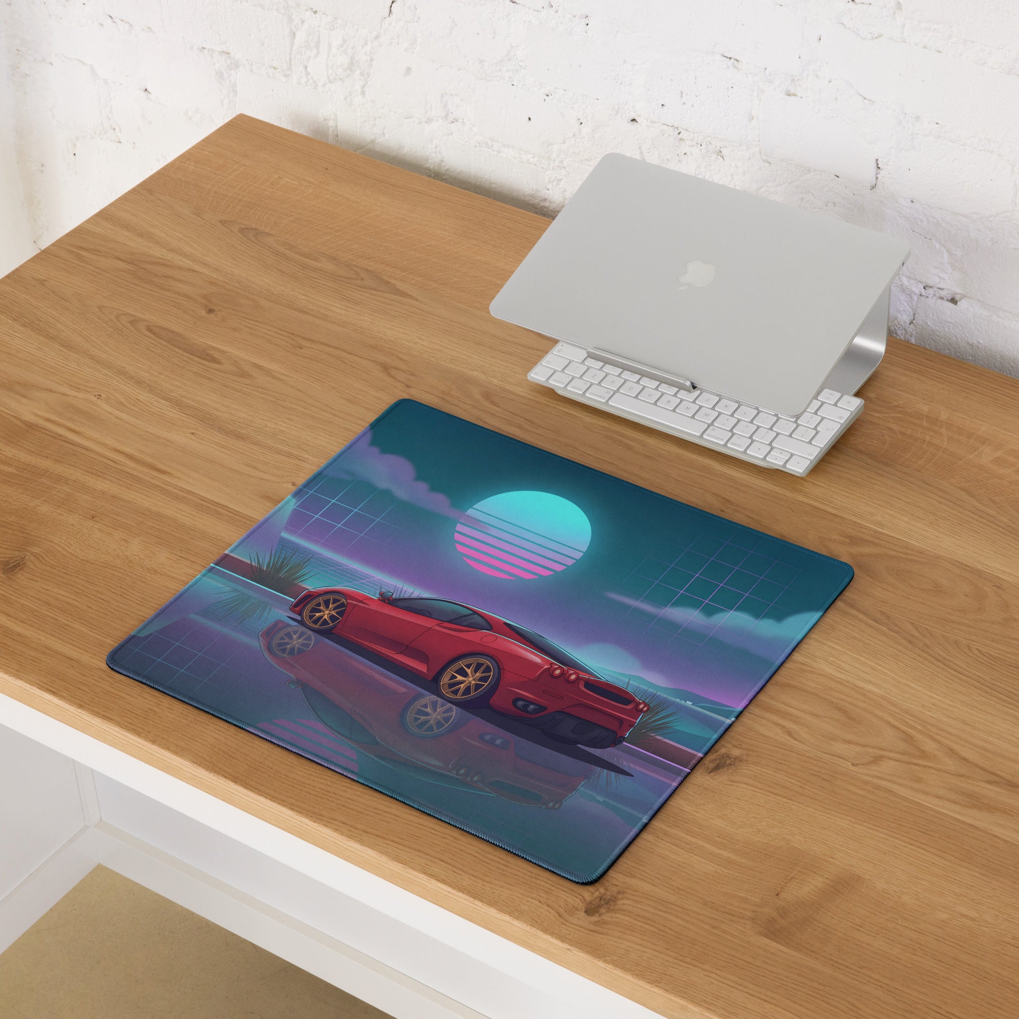 Ferrari F430 Inspired Red Teal Vaporwave Gaming Mouse Pad – Neon Sunset Desk Mat with Reflective Retro Futuristic Landscape and Synthwave Supercar Art