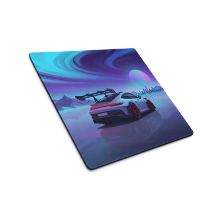 Porsche 911 GT3 RS Inspired Silver Purple Vaporwave Gaming Mouse Pad – Neon Ice Landscape Desk Mat, Futuristic City Digital Automotive Art