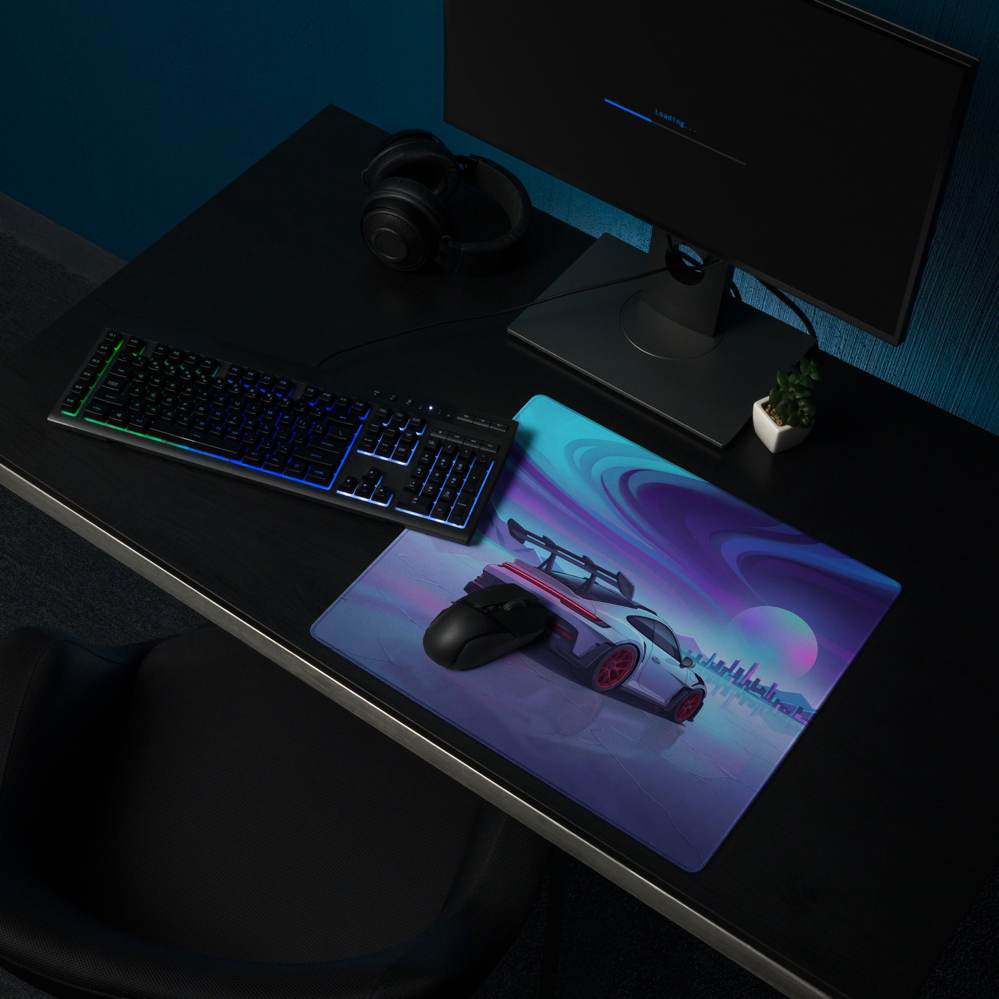 Porsche 911 GT3 RS Inspired Silver Purple Vaporwave Gaming Mouse Pad – Neon Ice Landscape Desk Mat, Futuristic City Digital Automotive Art