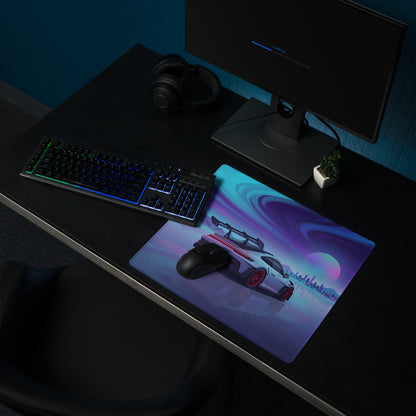 Porsche 911 GT3 RS Inspired Silver Purple Vaporwave Gaming Mouse Pad – Neon Ice Landscape Desk Mat, Futuristic City Digital Automotive Art