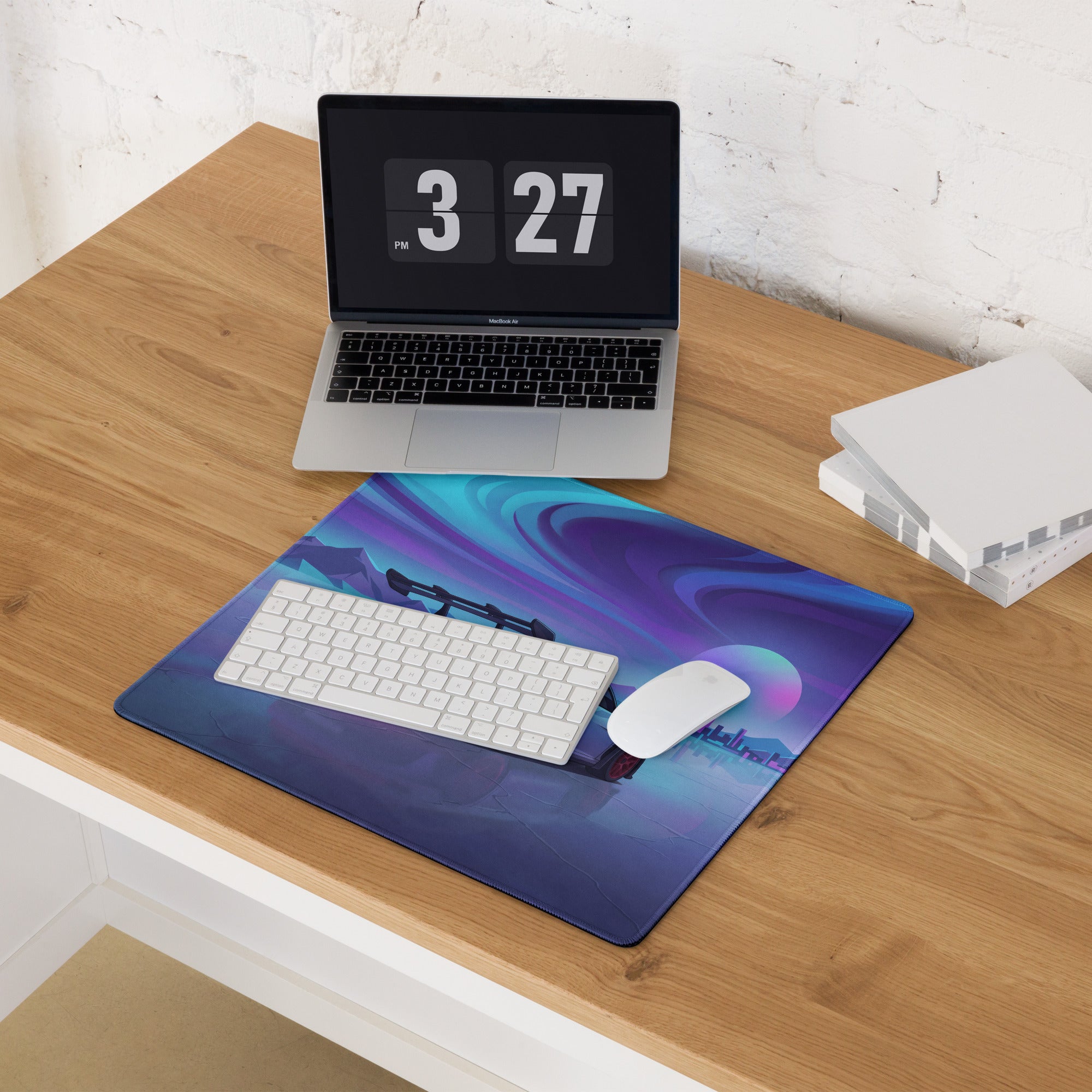 Porsche 911 GT3 RS Inspired Silver Purple Vaporwave Gaming Mouse Pad – Neon Ice Landscape Desk Mat, Futuristic City Digital Automotive Art