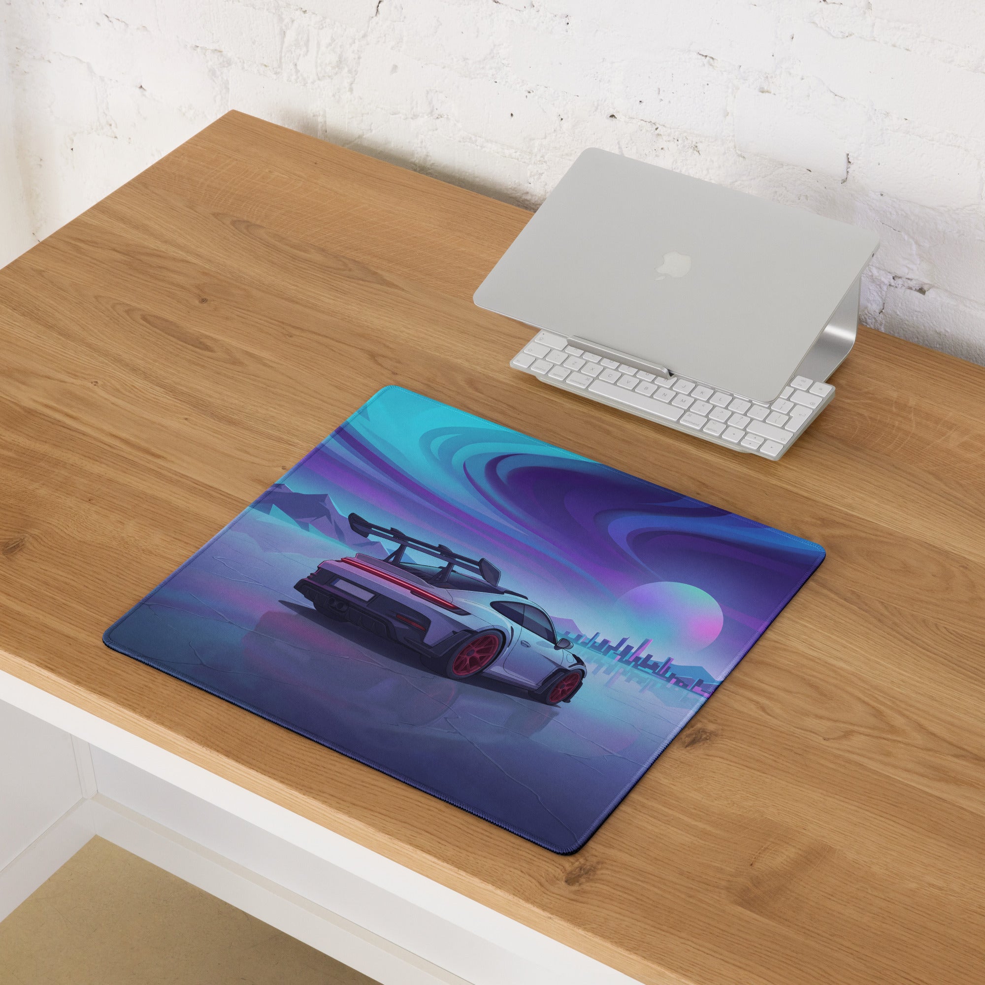 Porsche 911 GT3 RS Inspired Silver Purple Vaporwave Gaming Mouse Pad – Neon Ice Landscape Desk Mat, Futuristic City Digital Automotive Art