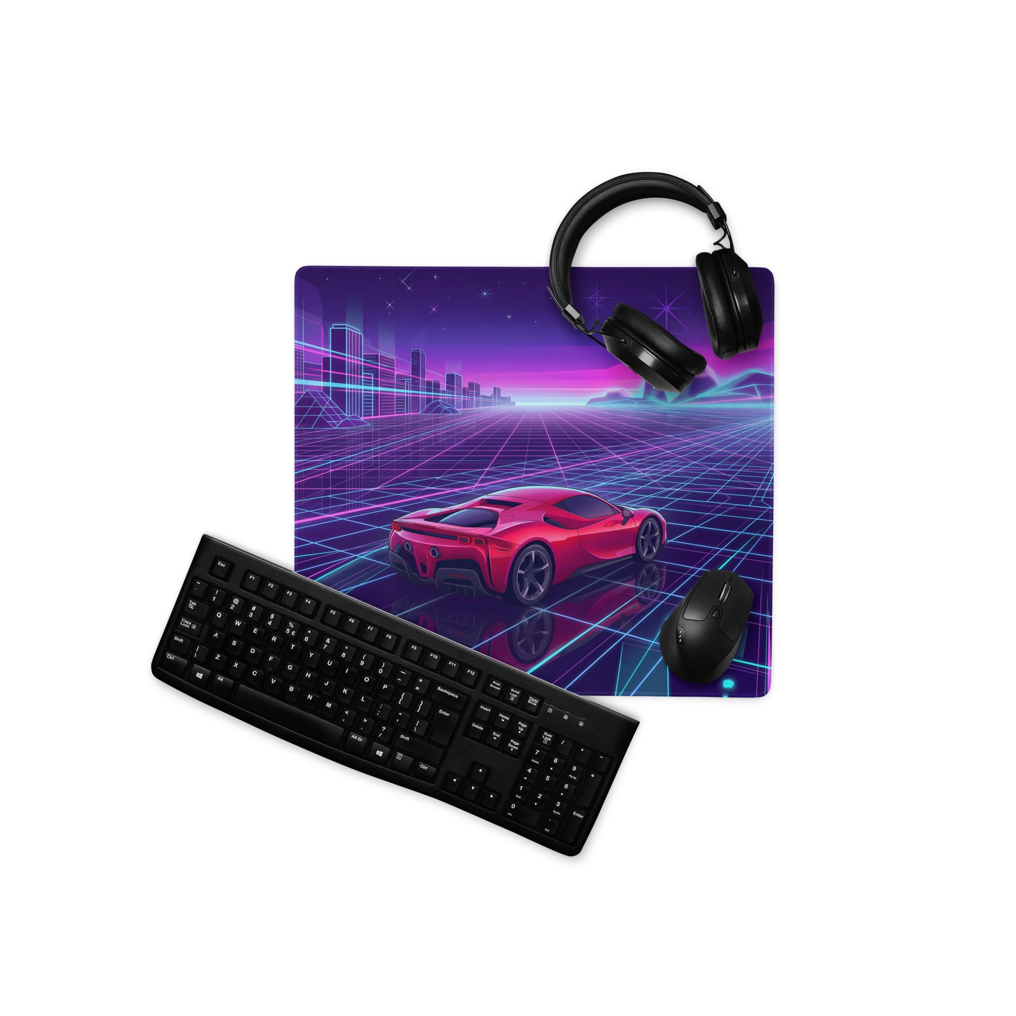 Ferrari SF90 Stradale Inspired Red Purple Vaporwave Gaming Mouse Pad – Neon Cyber Grid Desk Mat, Retro Futuristic Cityscape Digital Car Art