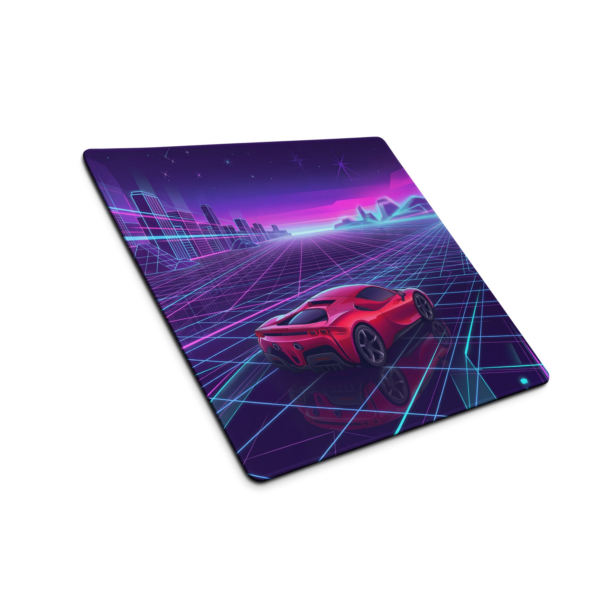 Ferrari SF90 Stradale Inspired Red Purple Vaporwave Gaming Mouse Pad – Neon Cyber Grid Desk Mat, Retro Futuristic Cityscape Digital Car Art