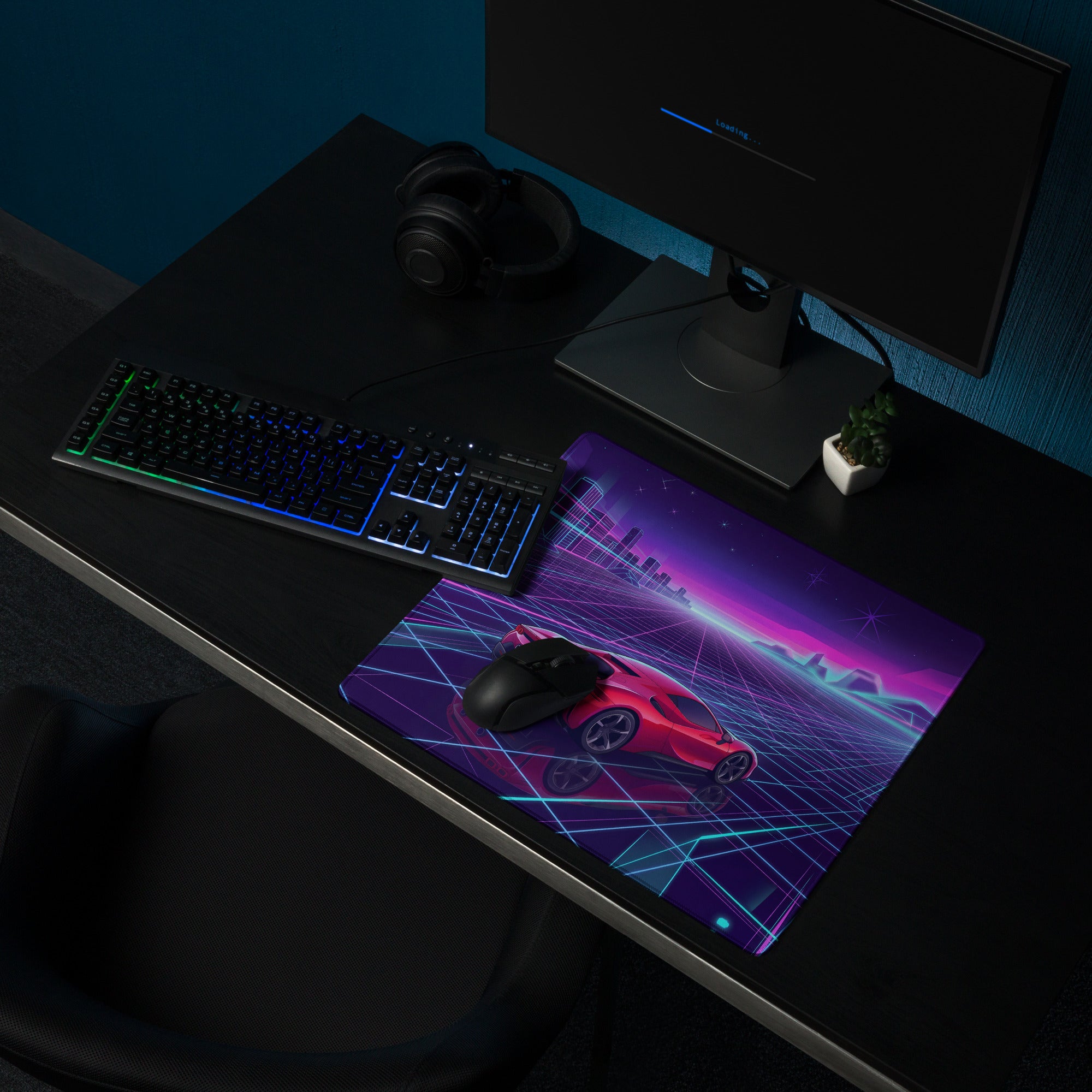 Ferrari SF90 Stradale Inspired Red Purple Vaporwave Gaming Mouse Pad – Neon Cyber Grid Desk Mat, Retro Futuristic Cityscape Digital Car Art