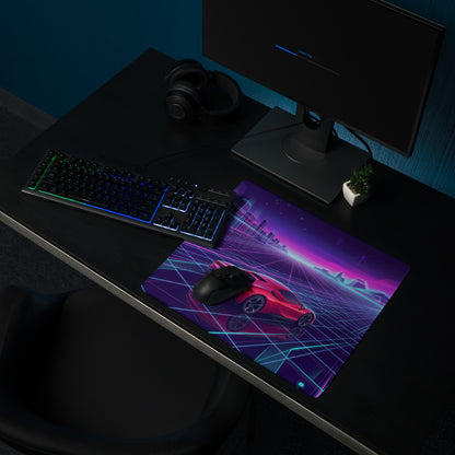 Ferrari SF90 Stradale Inspired Red Purple Vaporwave Gaming Mouse Pad – Neon Cyber Grid Desk Mat, Retro Futuristic Cityscape Digital Car Art