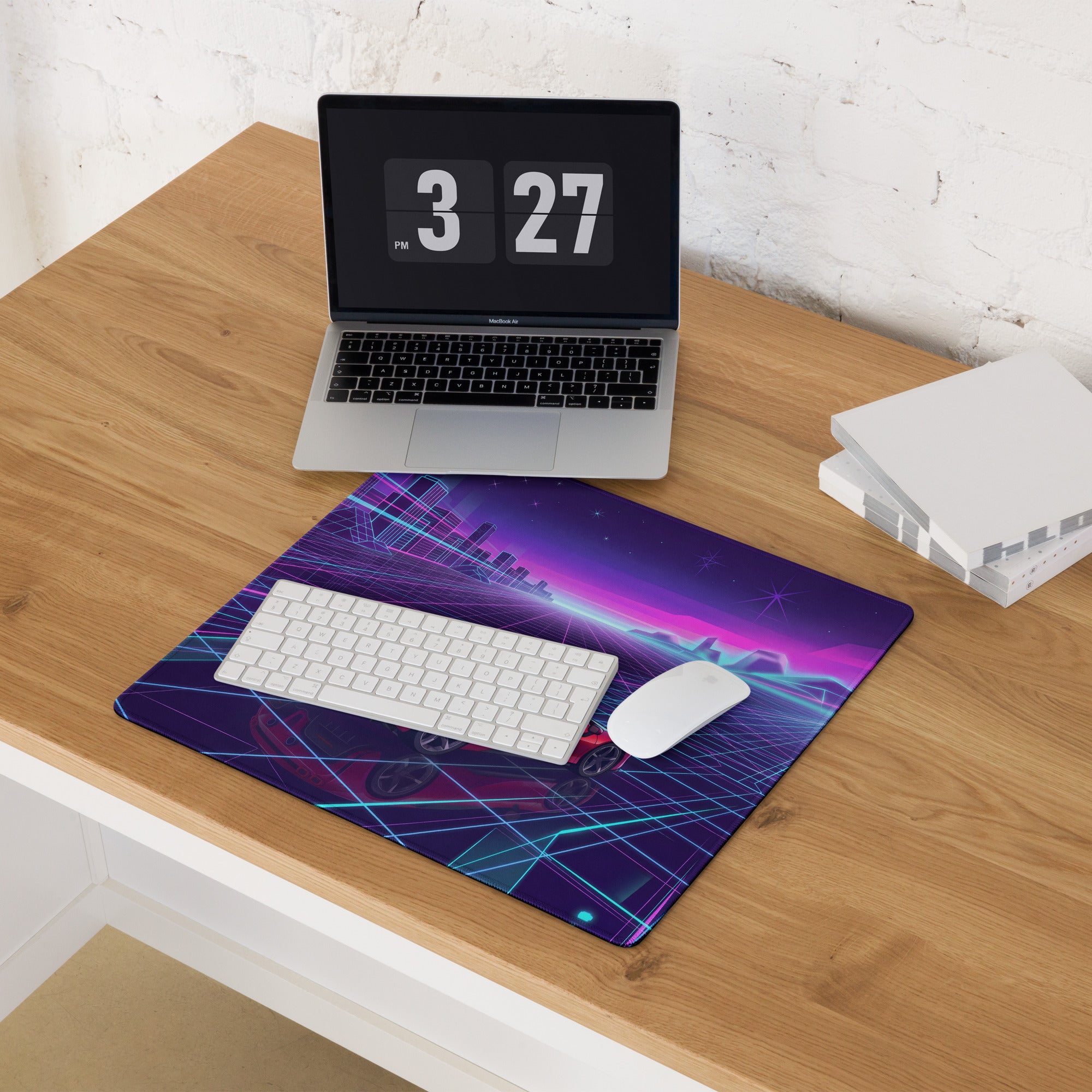 Ferrari SF90 Stradale Inspired Red Purple Vaporwave Gaming Mouse Pad – Neon Cyber Grid Desk Mat, Retro Futuristic Cityscape Digital Car Art