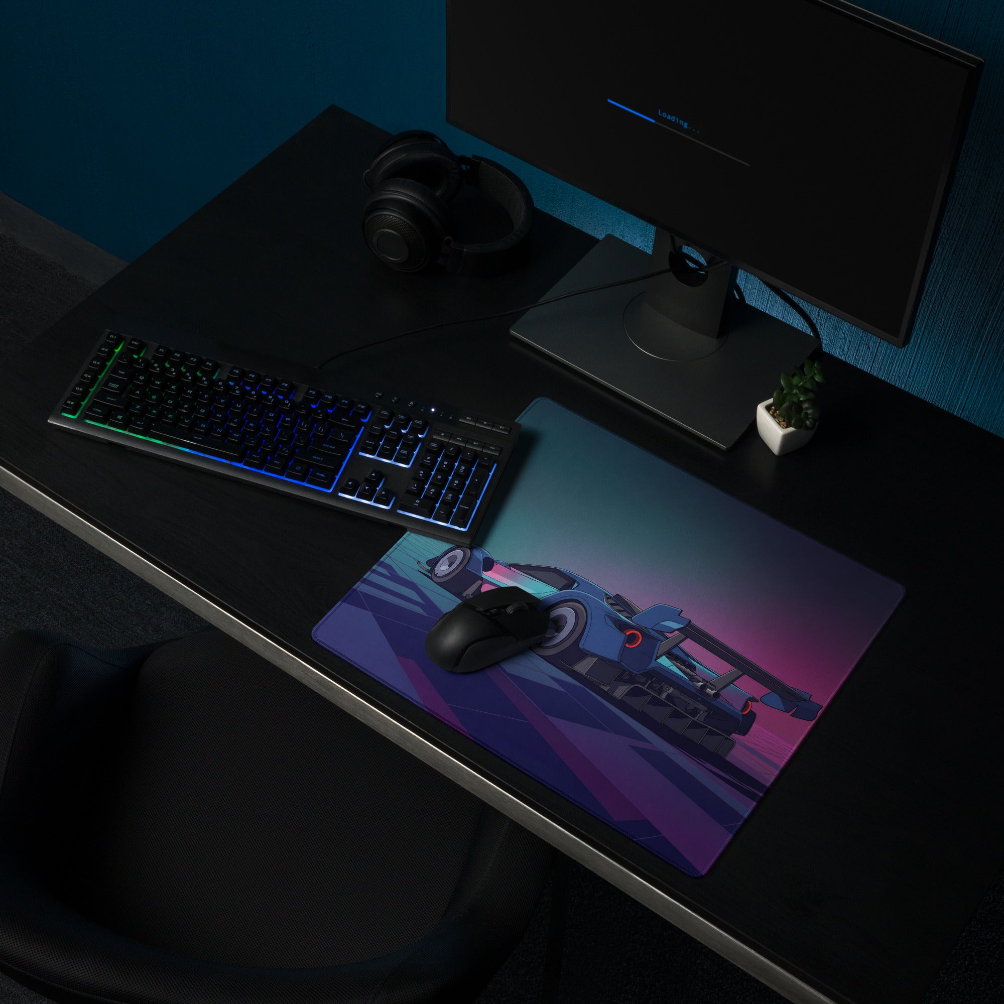 Ford GT Mk IV Inspired Blue Pink Vaporwave Gaming Mouse Pad – Neon Retro Grid Desk Mat, Futuristic Motorsport Digital Supercar Art