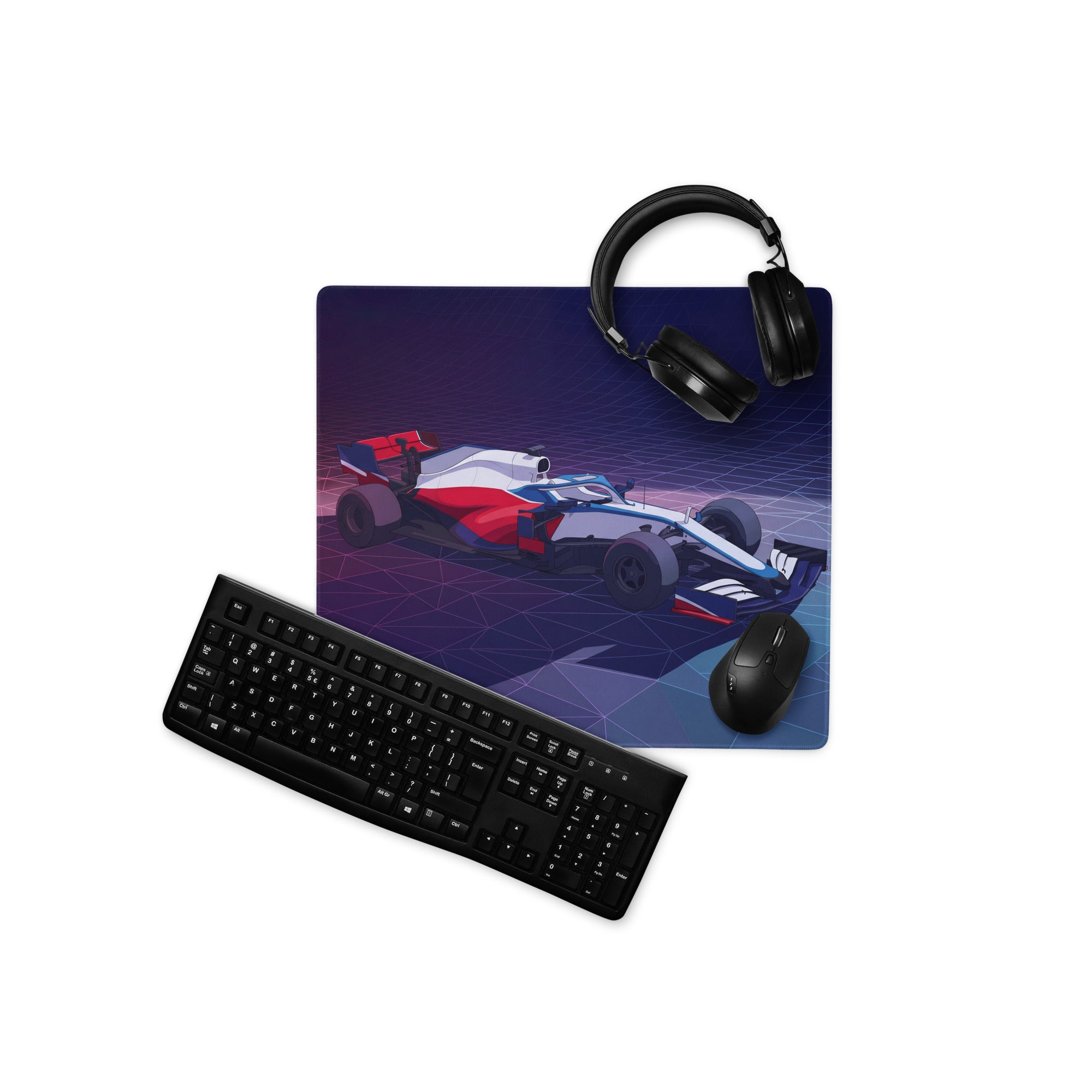 Formula 1 Race Car Inspired Red White Blue Vaporwave Gaming Mouse Pad – Neon Grid Desk Mat, Futuristic Grand Prix Motorsport Digital Art