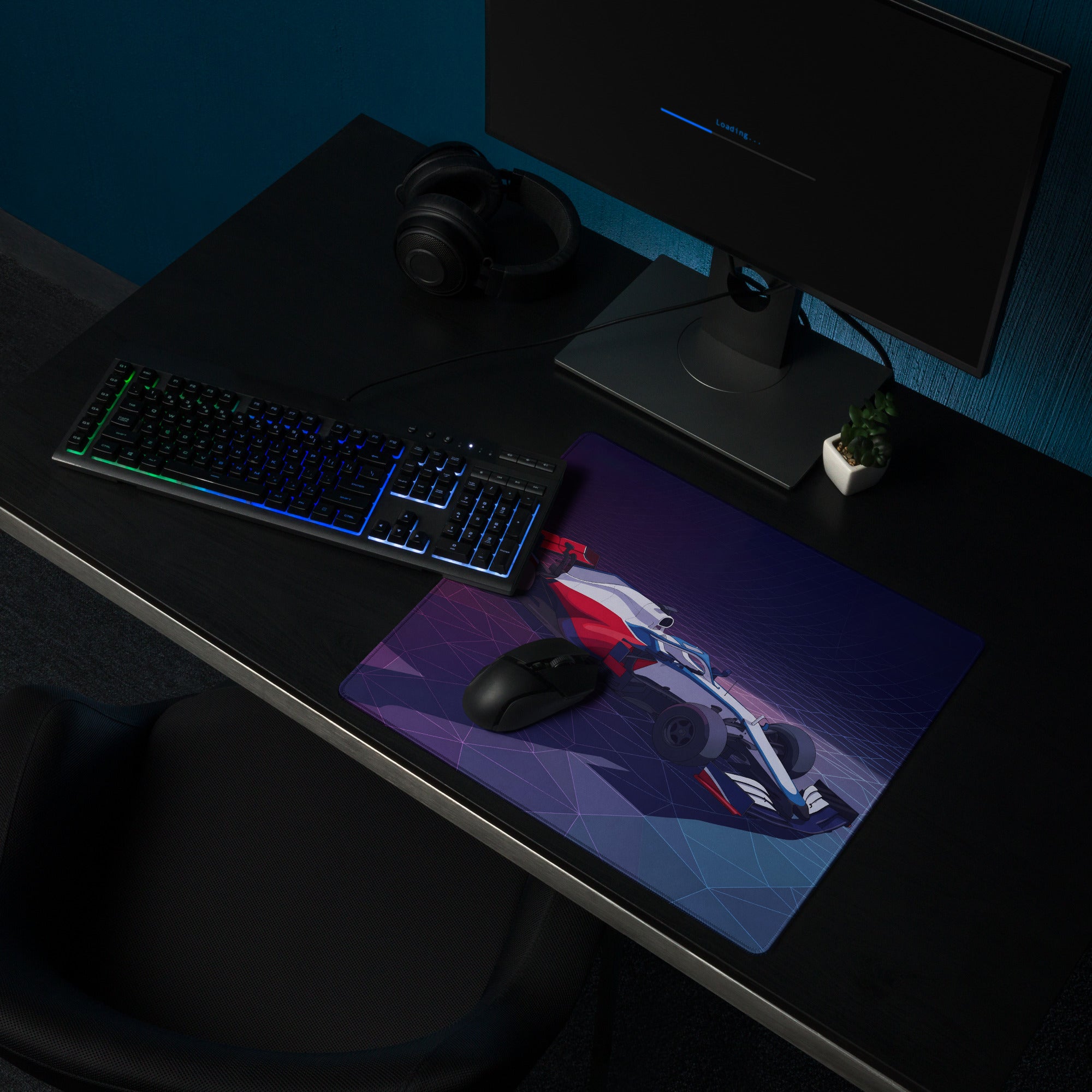 Formula 1 Race Car Inspired Red White Blue Vaporwave Gaming Mouse Pad – Neon Grid Desk Mat, Futuristic Grand Prix Motorsport Digital Art