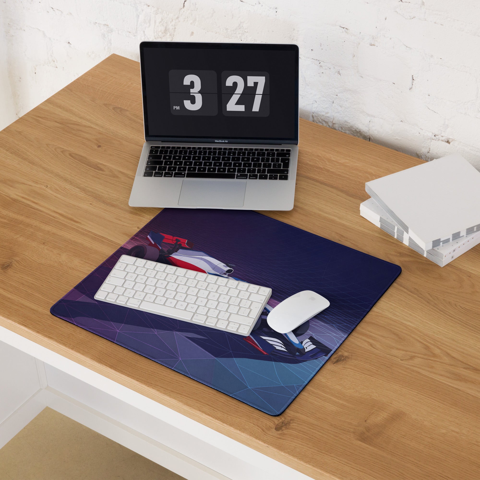 Formula 1 Race Car Inspired Red White Blue Vaporwave Gaming Mouse Pad – Neon Grid Desk Mat, Futuristic Grand Prix Motorsport Digital Art