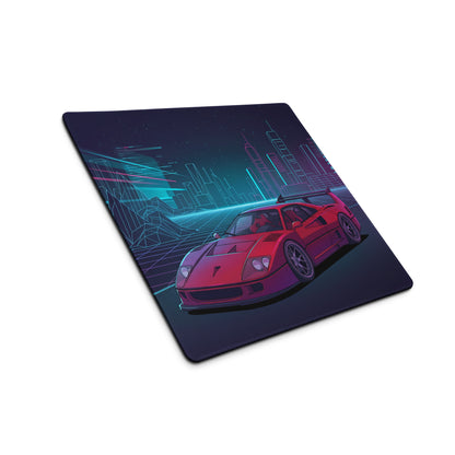 Ferrari F40 LM Inspired Red Purple Vaporwave Gaming Mouse Pad – Neon Cyber City Desk Mat, Retro Futuristic Grid Digital Supercar Art