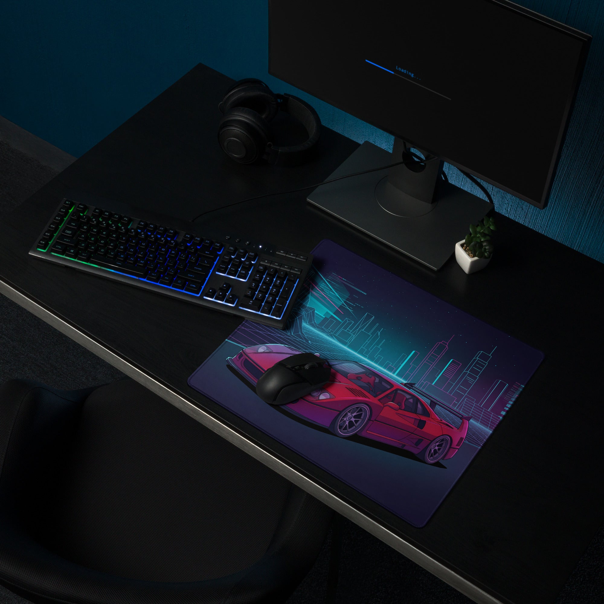 Ferrari F40 LM Inspired Red Purple Vaporwave Gaming Mouse Pad – Neon Cyber City Desk Mat, Retro Futuristic Grid Digital Supercar Art