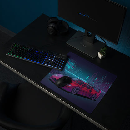 Ferrari F40 LM Inspired Red Purple Vaporwave Gaming Mouse Pad – Neon Cyber City Desk Mat, Retro Futuristic Grid Digital Supercar Art