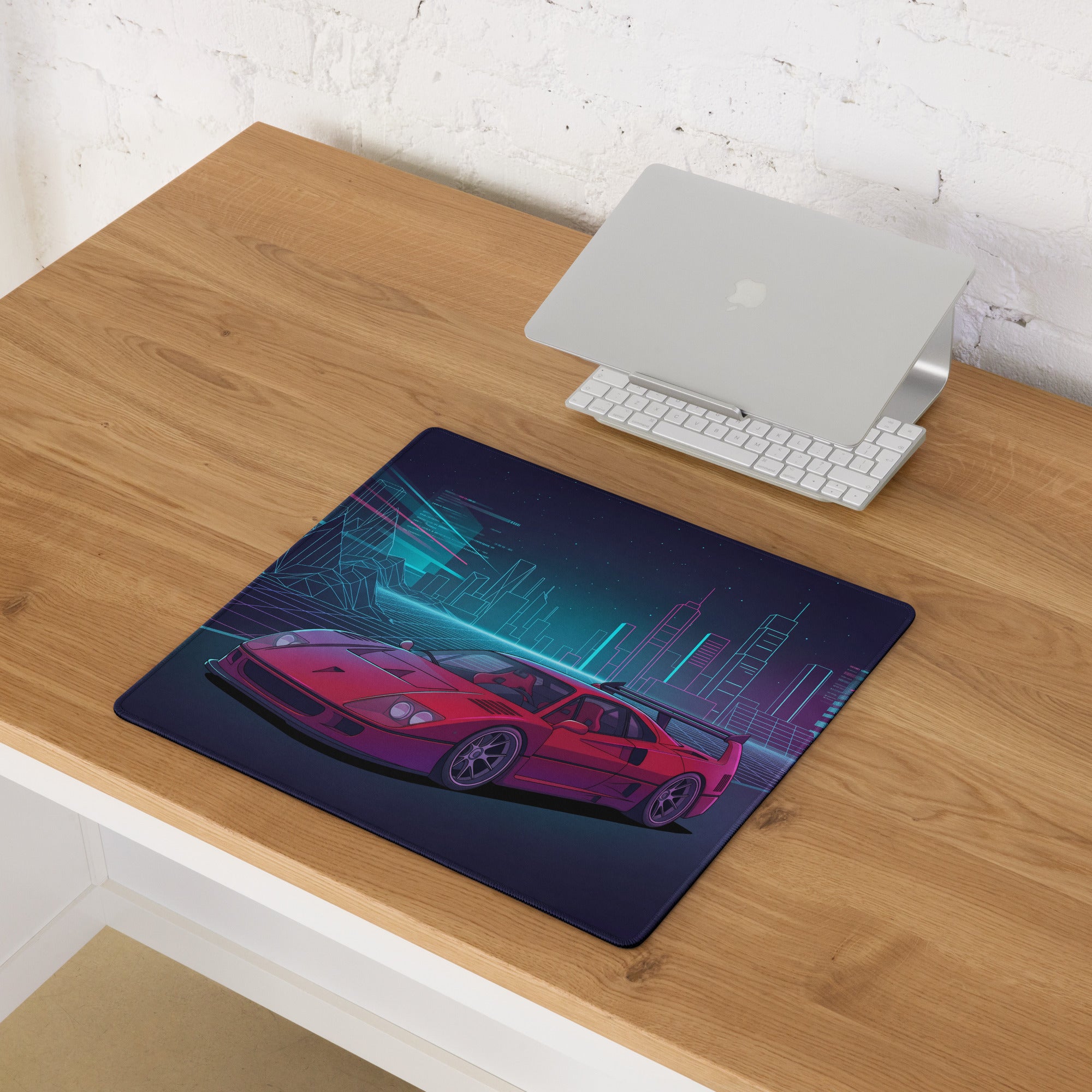 Ferrari F40 LM Inspired Red Purple Vaporwave Gaming Mouse Pad – Neon Cyber City Desk Mat, Retro Futuristic Grid Digital Supercar Art