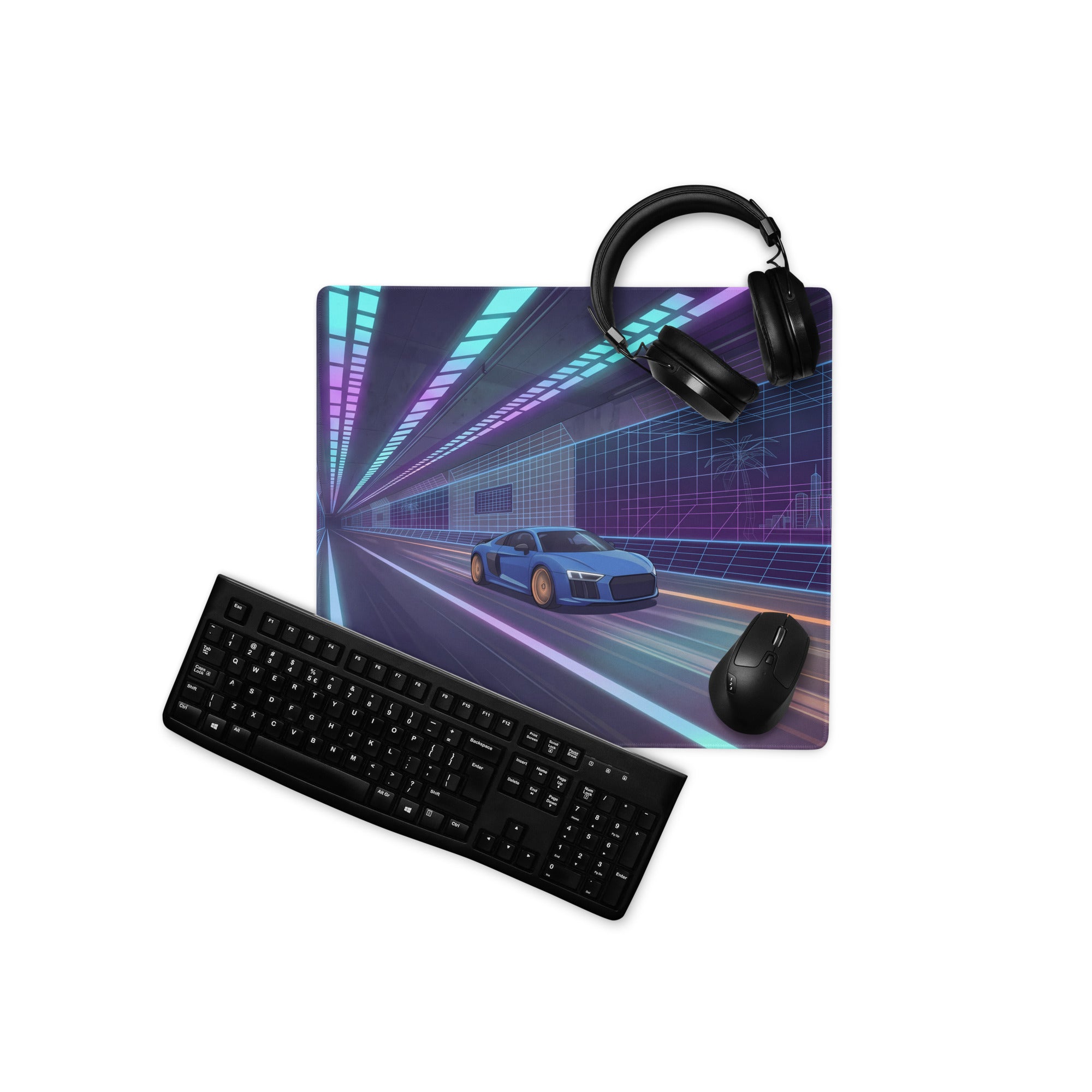 Audi R8 Inspired Blue Purple Vaporwave Gaming Mouse Pad – Neon Cyber Tunnel Desk Mat, Futuristic Speeding Supercar Digital Automotive Art