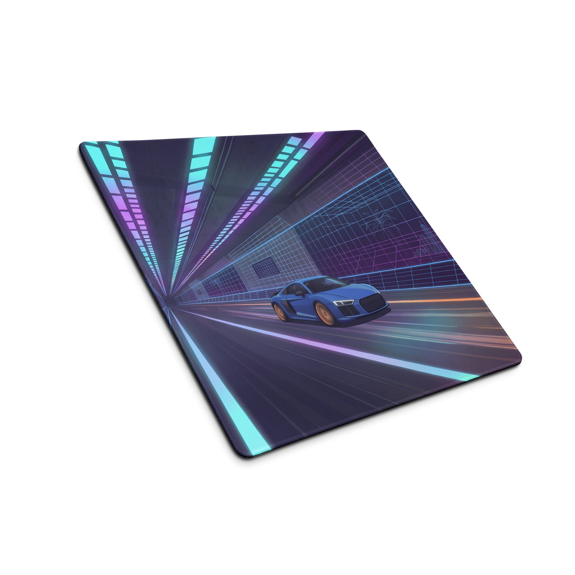 Audi R8 Inspired Blue Purple Vaporwave Gaming Mouse Pad – Neon Cyber Tunnel Desk Mat, Futuristic Speeding Supercar Digital Automotive Art