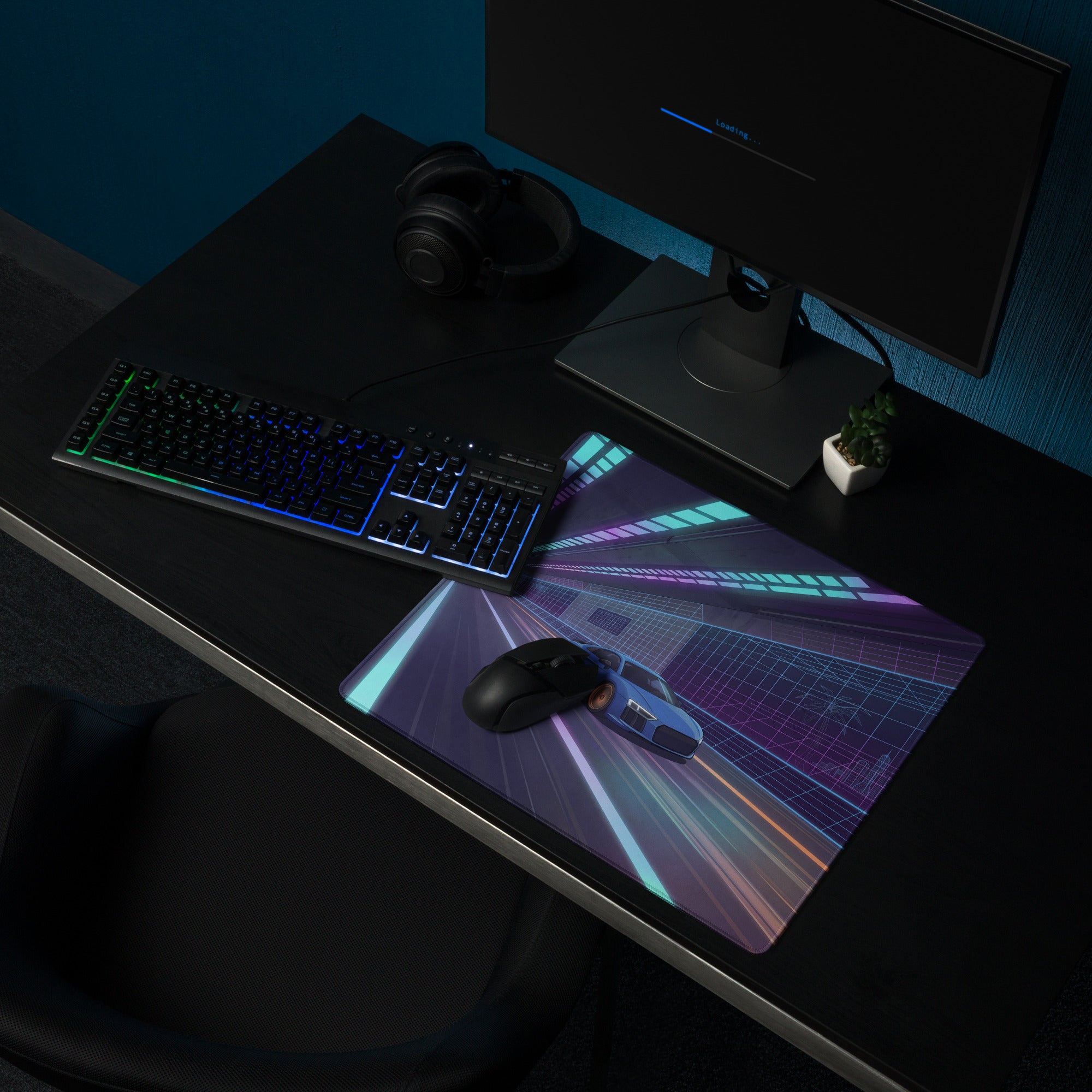 Audi R8 Inspired Blue Purple Vaporwave Gaming Mouse Pad – Neon Cyber Tunnel Desk Mat, Futuristic Speeding Supercar Digital Automotive Art