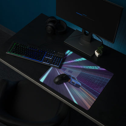 Audi R8 Inspired Blue Purple Vaporwave Gaming Mouse Pad – Neon Cyber Tunnel Desk Mat, Futuristic Speeding Supercar Digital Automotive Art