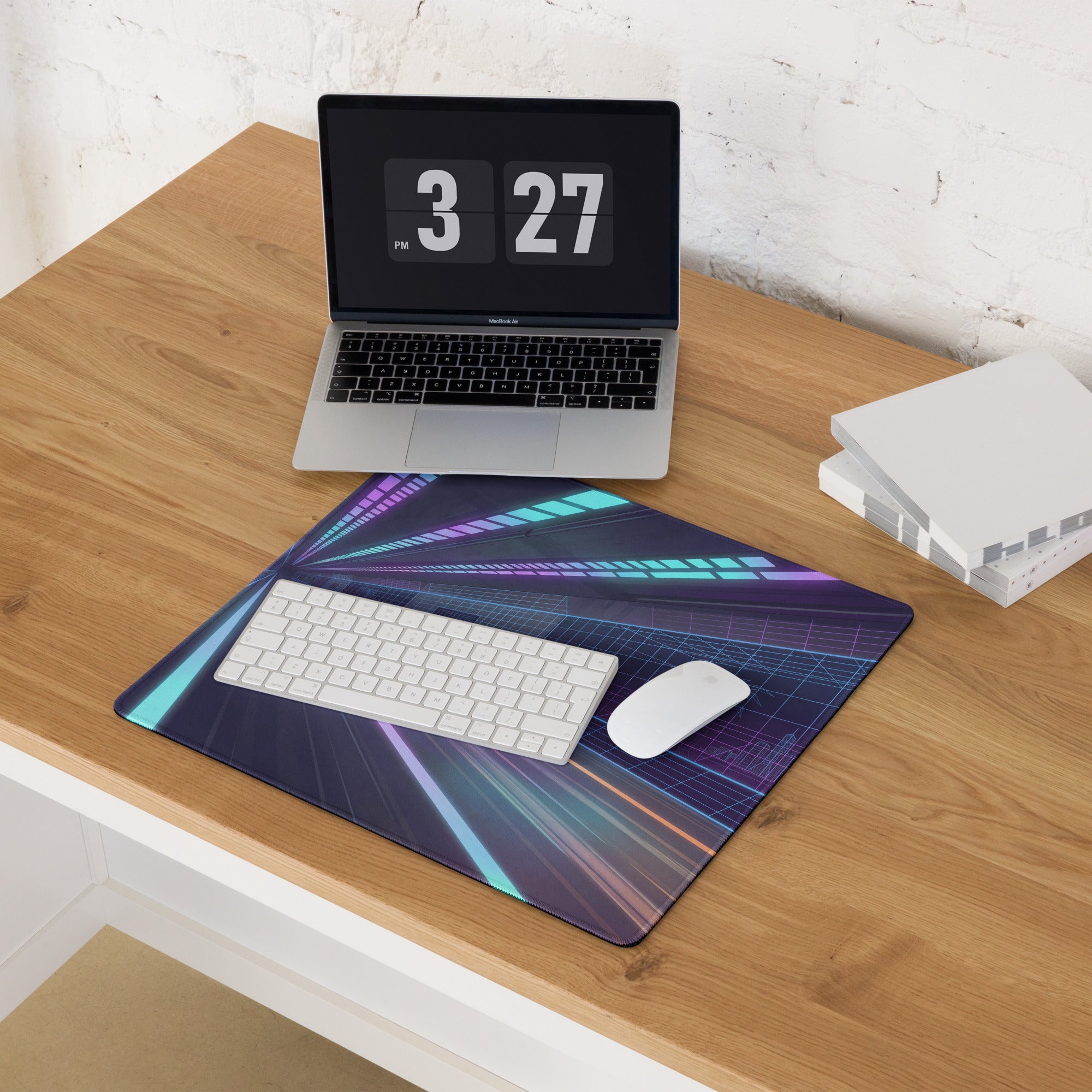 Audi R8 Inspired Blue Purple Vaporwave Gaming Mouse Pad – Neon Cyber Tunnel Desk Mat, Futuristic Speeding Supercar Digital Automotive Art