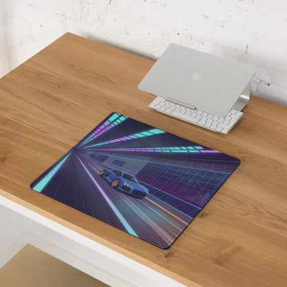 Audi R8 Inspired Blue Purple Vaporwave Gaming Mouse Pad – Neon Cyber Tunnel Desk Mat, Futuristic Speeding Supercar Digital Automotive Art