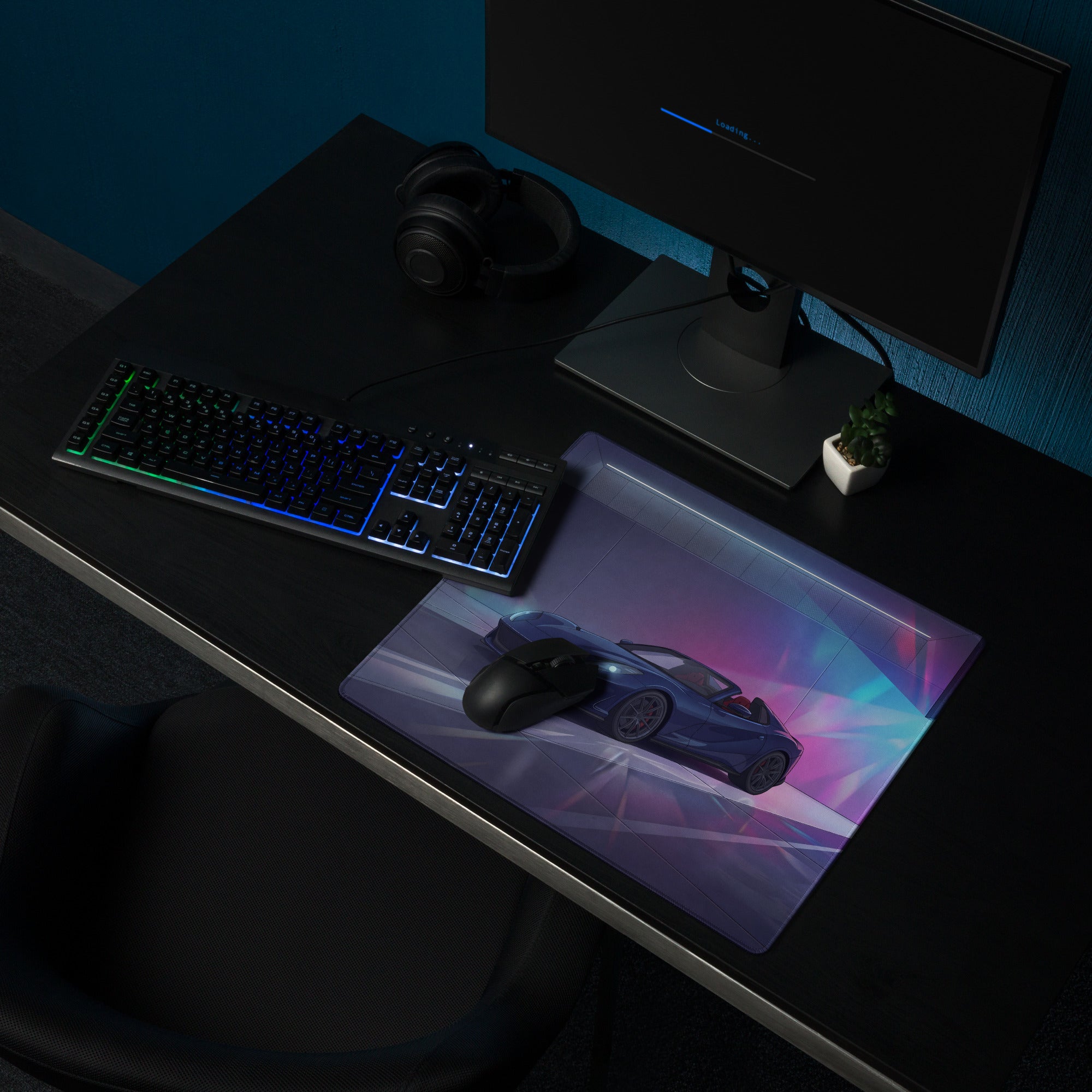 Ferrari 812 GTS Inspired Blue Purple Vaporwave Gaming Mouse Pad – Neon Luxury Garage Desk Mat, Futuristic Convertible Supercar Digital Art