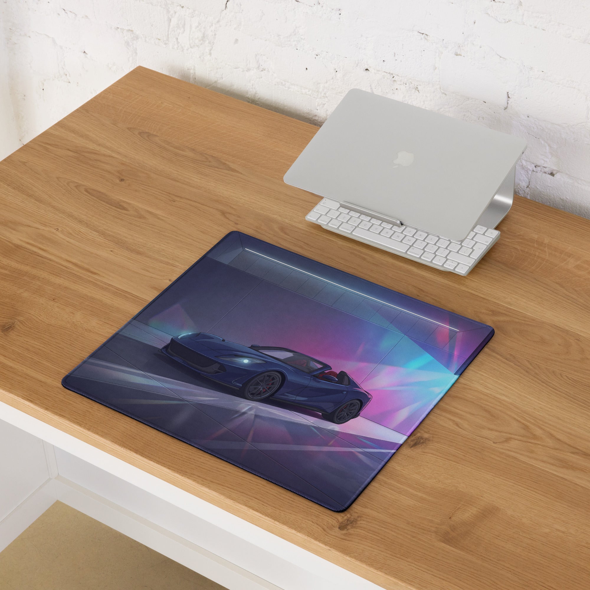 Ferrari 812 GTS Inspired Blue Purple Vaporwave Gaming Mouse Pad – Neon Luxury Garage Desk Mat, Futuristic Convertible Supercar Digital Art