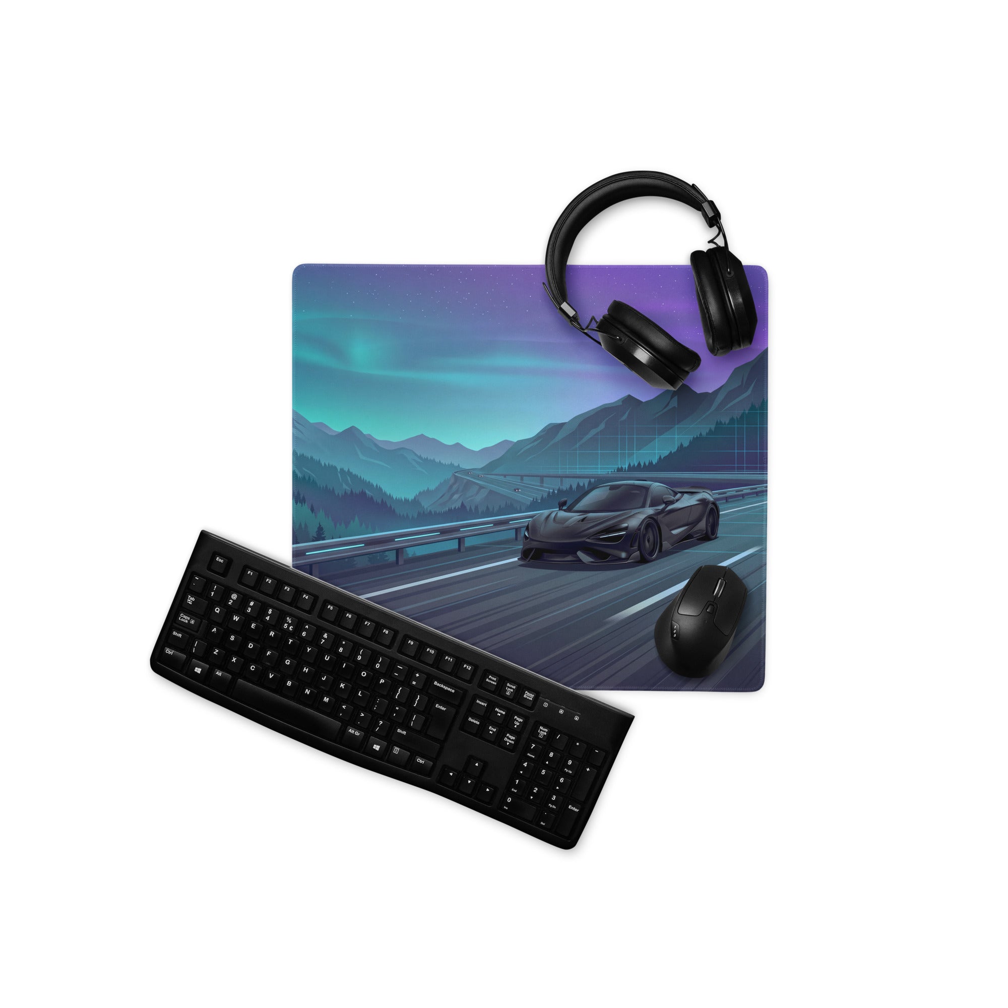 McLaren 765LT Inspired Black Teal Vaporwave Gaming Mouse Pad – Neon Mountain Highway Desk Mat, Futuristic Night Drive Digital Supercar Art
