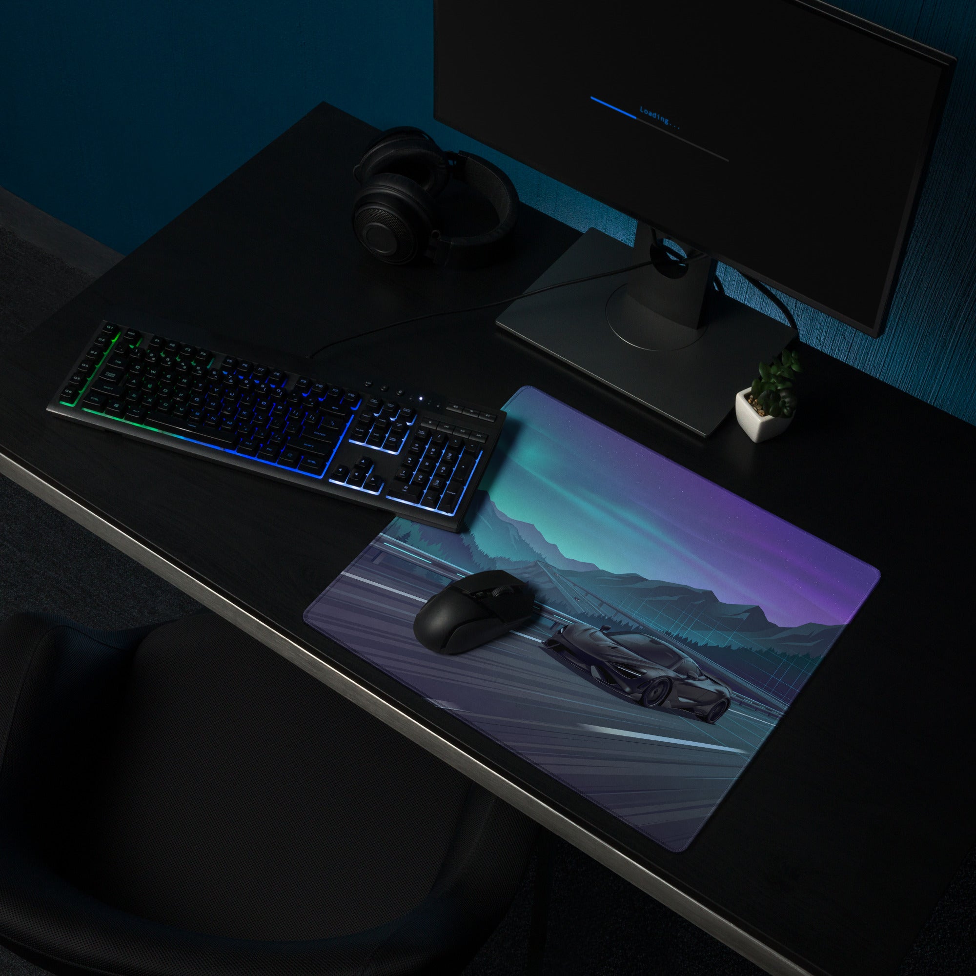 McLaren 765LT Inspired Black Teal Vaporwave Gaming Mouse Pad – Neon Mountain Highway Desk Mat, Futuristic Night Drive Digital Supercar Art