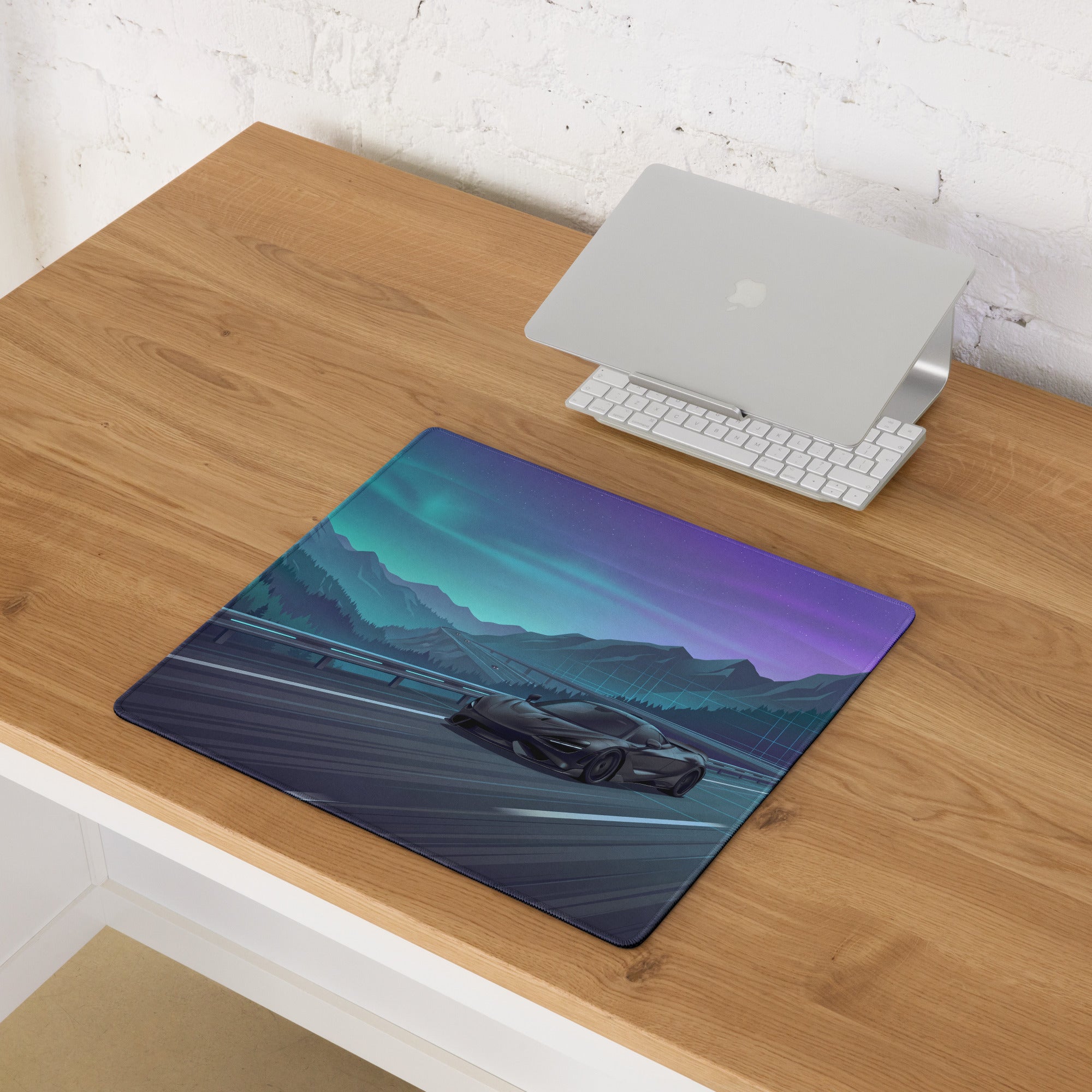 McLaren 765LT Inspired Black Teal Vaporwave Gaming Mouse Pad – Neon Mountain Highway Desk Mat, Futuristic Night Drive Digital Supercar Art