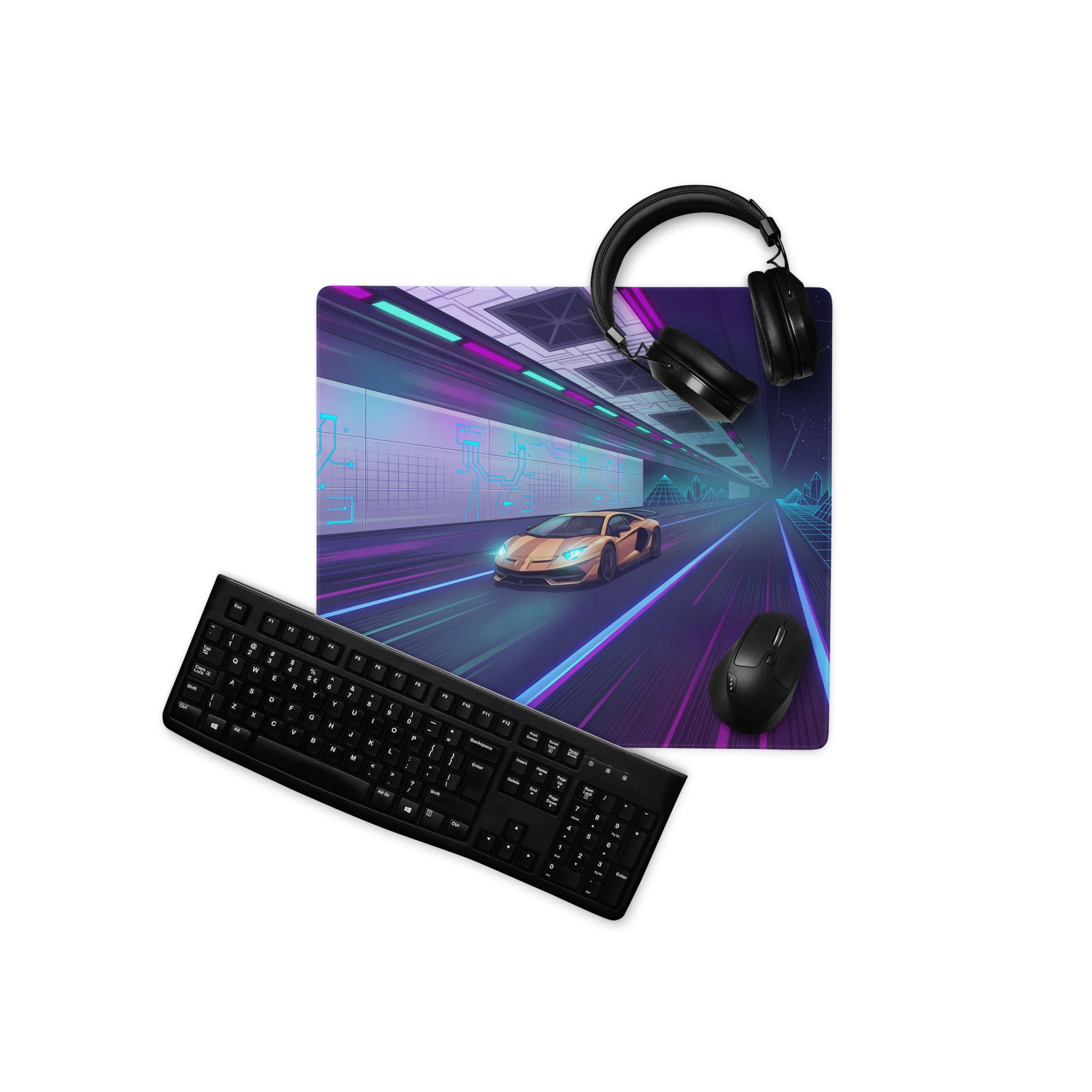 Lamborghini Aventador SVJ Inspired Gold Purple Vaporwave Gaming Mouse Pad – Neon Cyber Highway Desk Mat, Retro Futuristic Supercar Digital Art