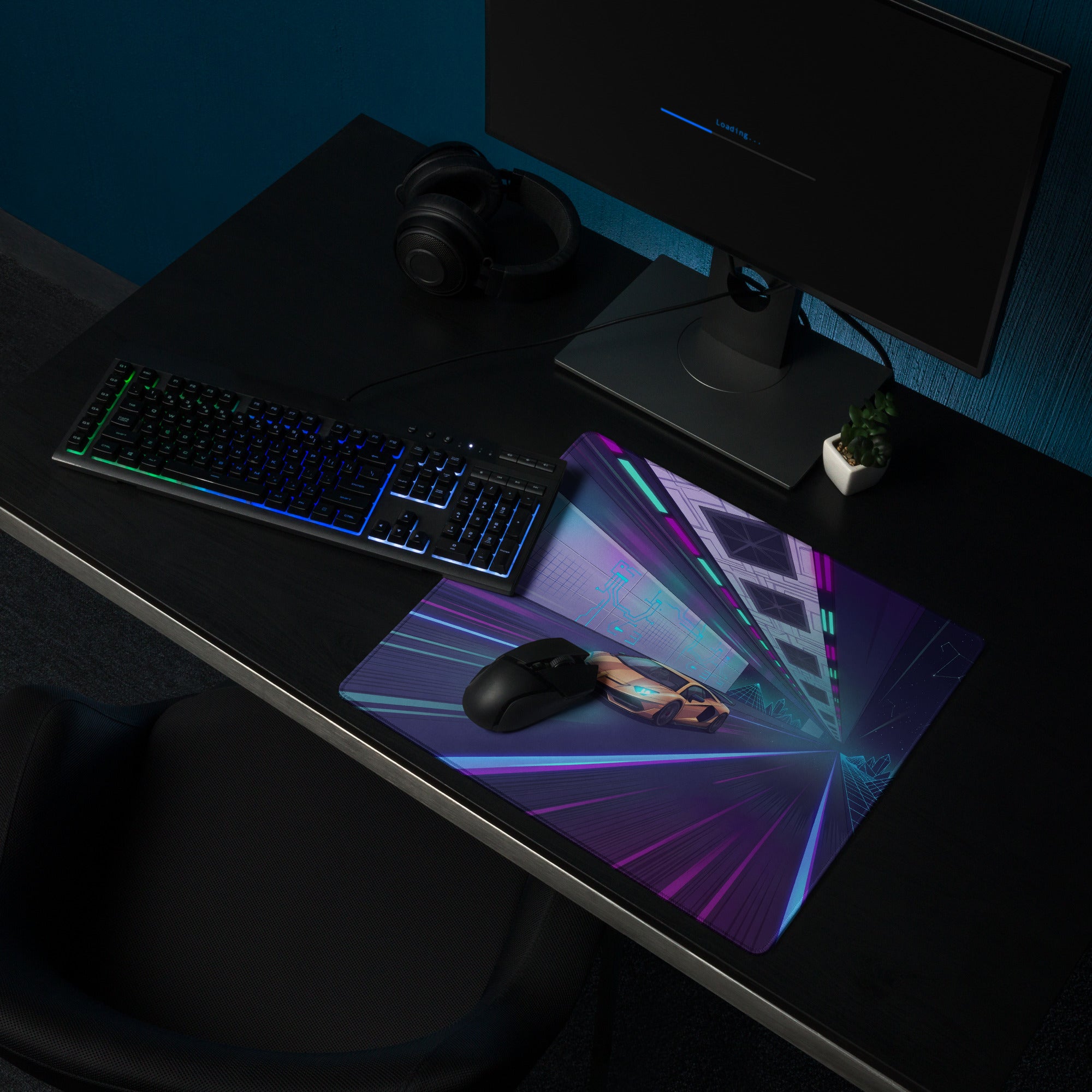 Lamborghini Aventador SVJ Inspired Gold Purple Vaporwave Gaming Mouse Pad – Neon Cyber Highway Desk Mat, Retro Futuristic Supercar Digital Art