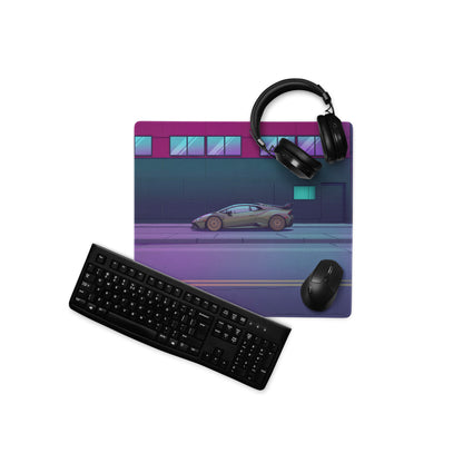 Lamborghini Huracán STO Inspired Gray Pink Vaporwave Gaming Mouse Pad – Neon Cyberpunk Street Desk Mat, Futuristic Urban Supercar Digital Art