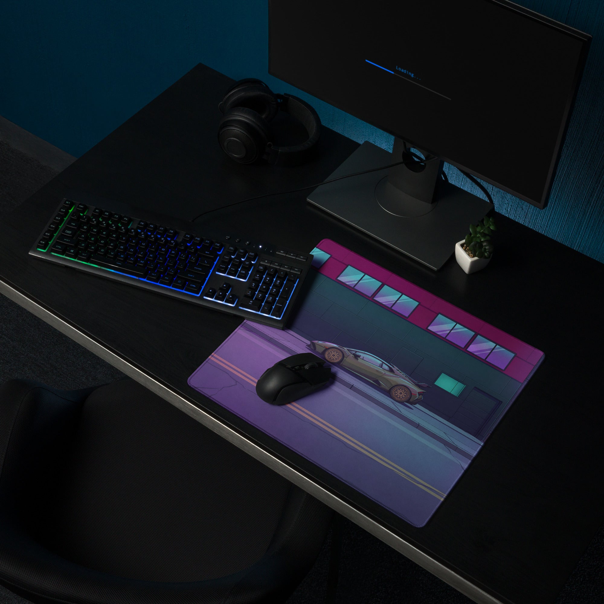 Lamborghini Huracán STO Inspired Gray Pink Vaporwave Gaming Mouse Pad – Neon Cyberpunk Street Desk Mat, Futuristic Urban Supercar Digital Art